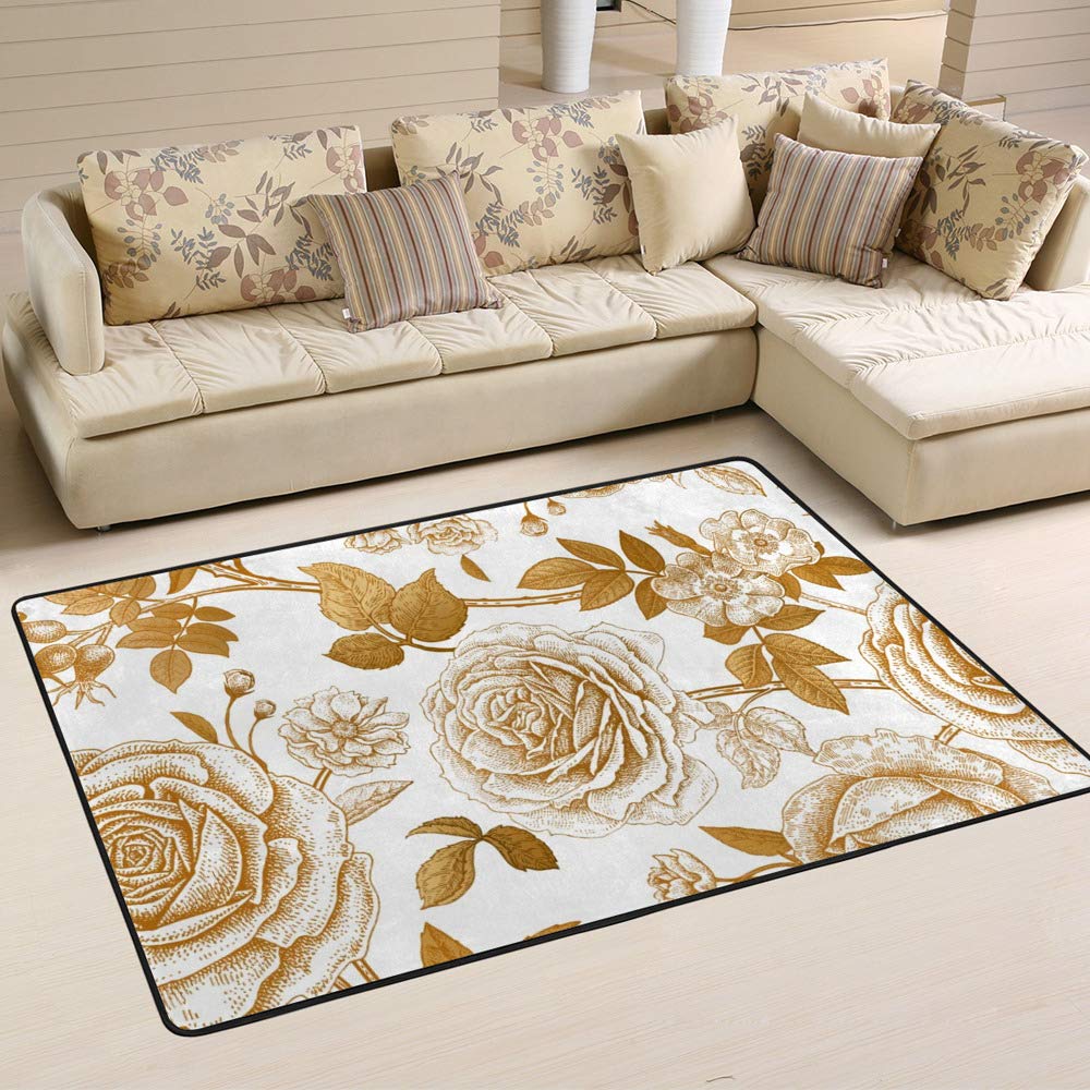 Tapis de style victorien Ruchen 60x39 inch aux roses dorées lavable pour salon