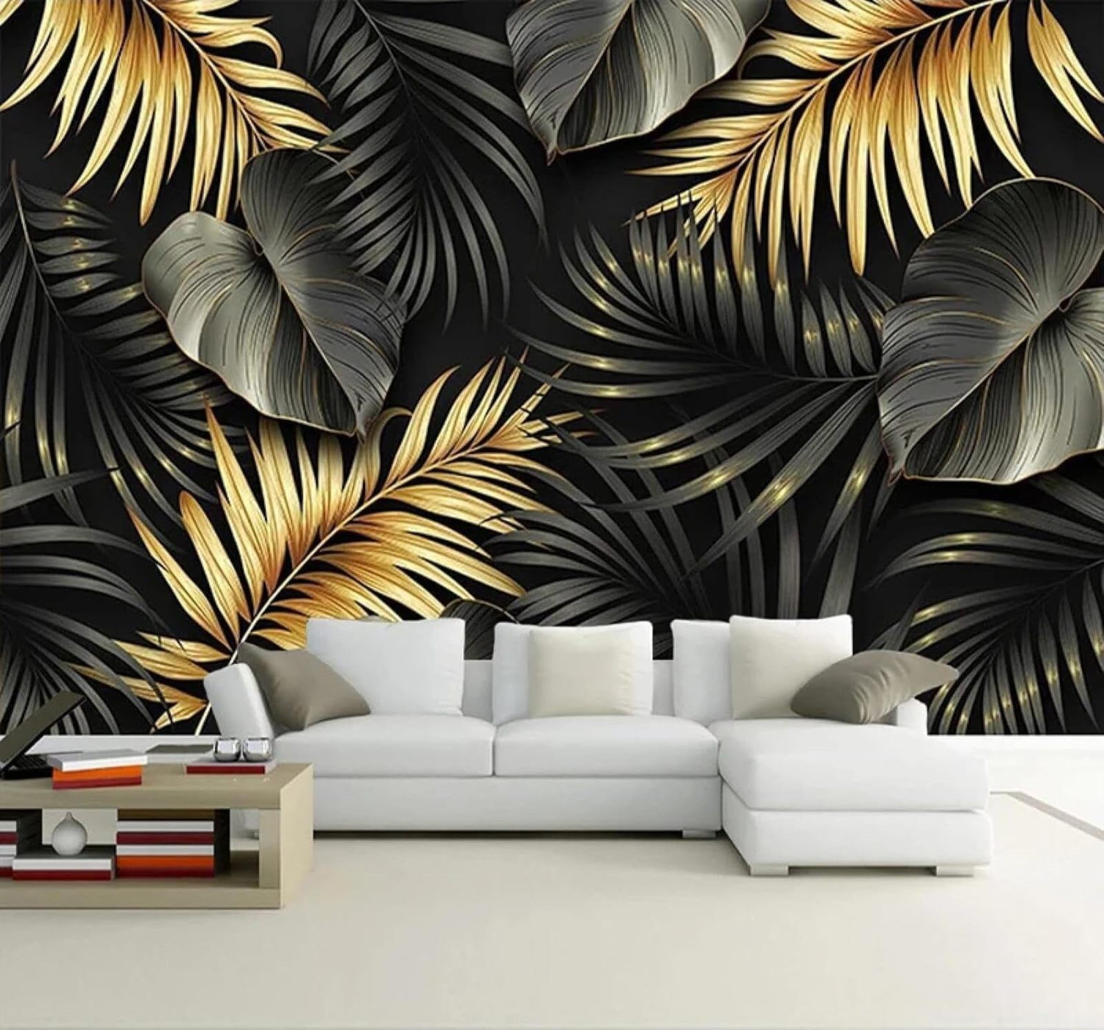 XLMING Hand Drawn Plants Gold Leaves Luxurious 3D Wallpaper Luxury Silk Study Dining Feature Sofa Grey Bedroom Living Room Tv Decorative Wall-400cm×280cm