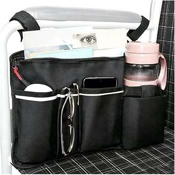 Wheelchair Side Bag for Meyra Rubus 2020-2026 Armrest Storage Pouch with Cup Holder Multi-Pocket Mobility Organizer for Daily Use,Black-L