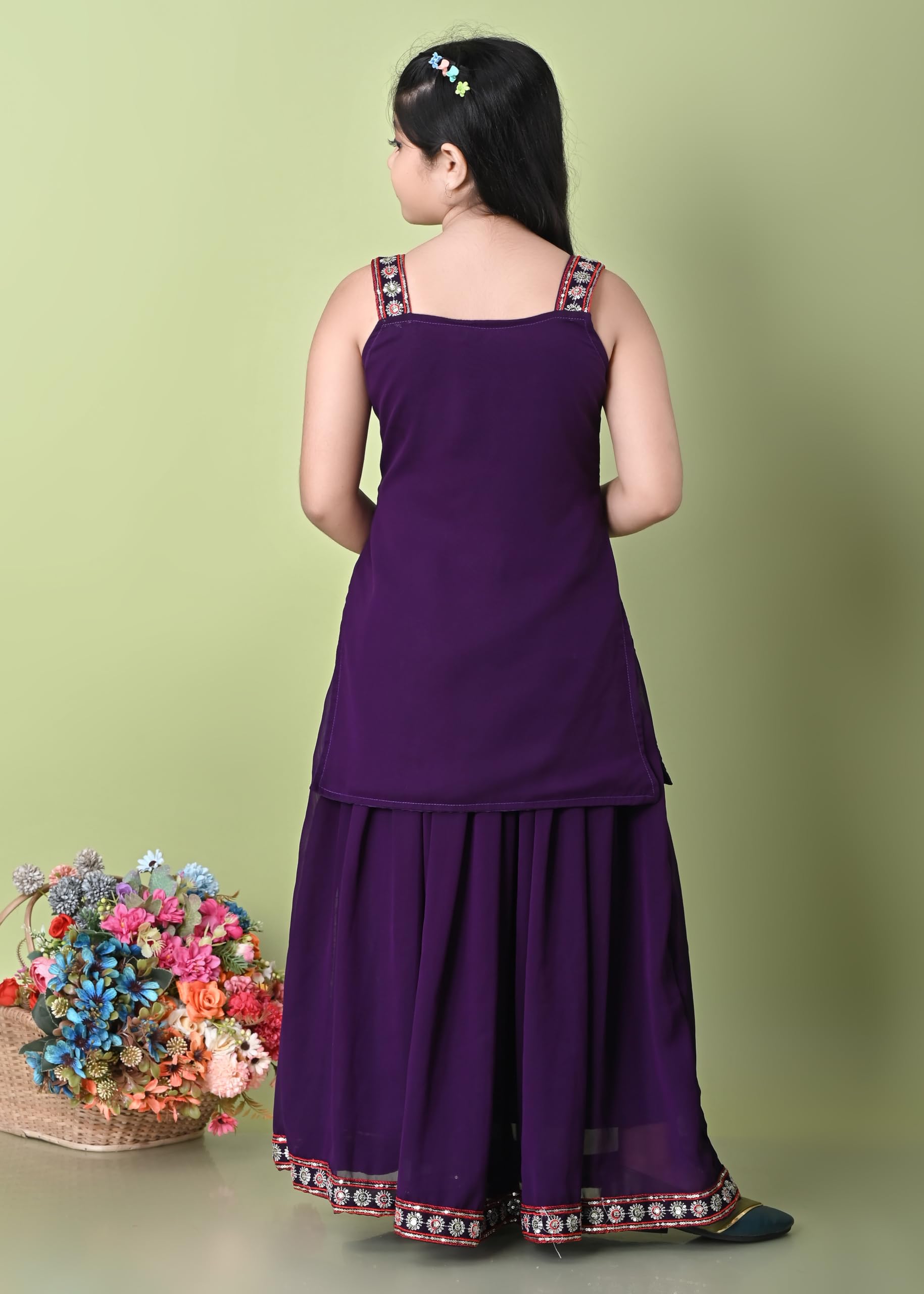 SPAMitude - Georgette Embroidery Sequin Kurta, Skirt and Dupatta Set for Girls – Ethnic Party Dress I Birthday Trendy Classic Outfit I Square Neck Sleeveless (PURPLE, 9-10 YEARS) - Image 8 thumbnail
