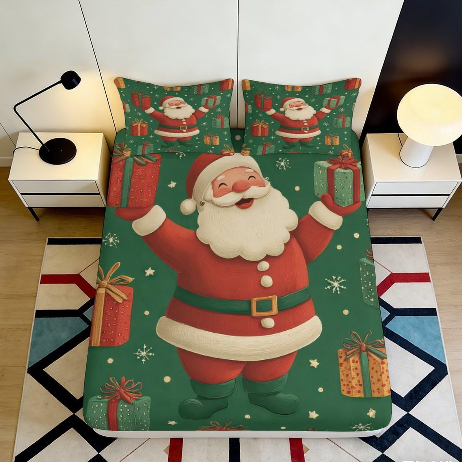 3D Printed Christmas Santa Claus Fitted Sheet Microfiber Soft Breathable Mattress Cover for Bedroom Dormitory Guest Room Mattress Protection 200x200x25cm