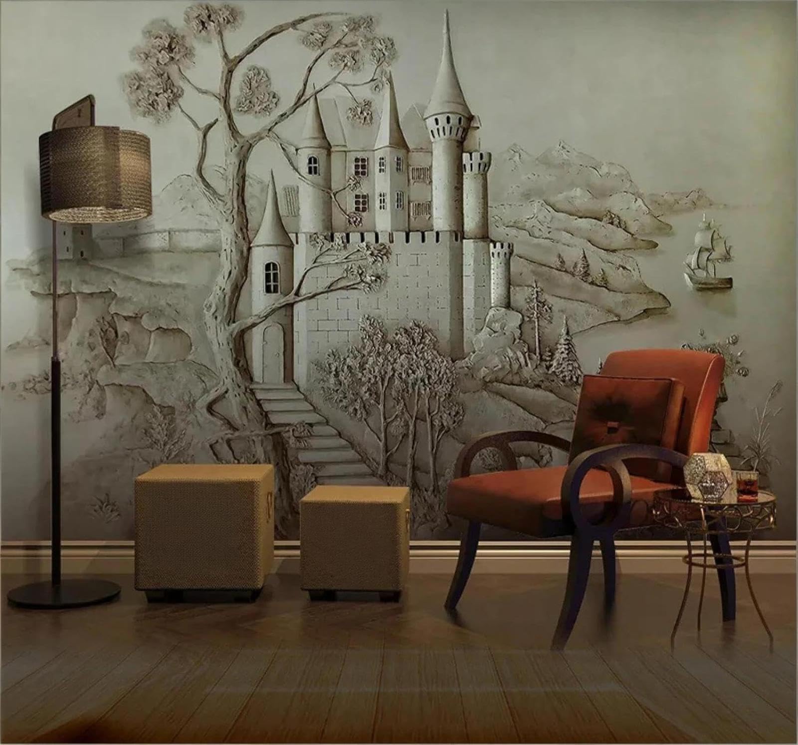 XLMING Relief Vintage Castle Trees Landscape 3D Wallpaper Luxury Home Dining Decor Paste Sofa Living Room The Wall for Bedroom Mural-250cm×170cm
