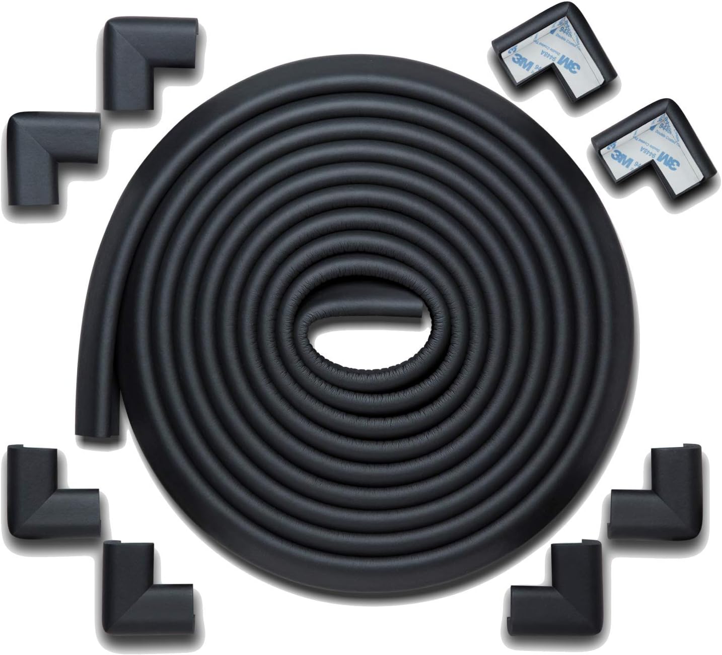 Roving Cove? 20.4 ft [18ft Edge + 8 Corners] 'Safe Edge? and Corner Cushion' - PRE-TAPED CORNERS; Jumbo Pack - ONYX; Premium Childproofing Edge & Corner Guard; Child Safety, Home Safety, Furniture Safety Bumper, Baby Proof Table Edge and Corner Protector by Roving Cove