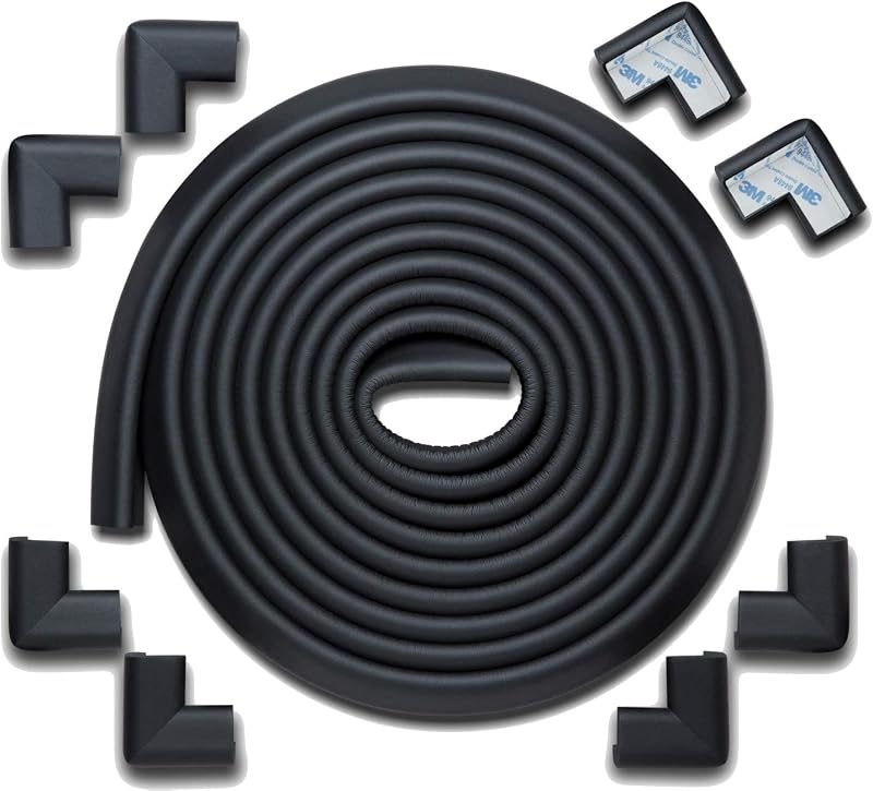 Roving Cove HeftyFit Protector de esquinas para bordes a prueba de bebés (borde grande de 18 pies, 8 esquinas), resistente, espuma de goma NBR suave, protector de parachoques de seguridad para muebles, chimenea, adhesivo 3M, negro ónix