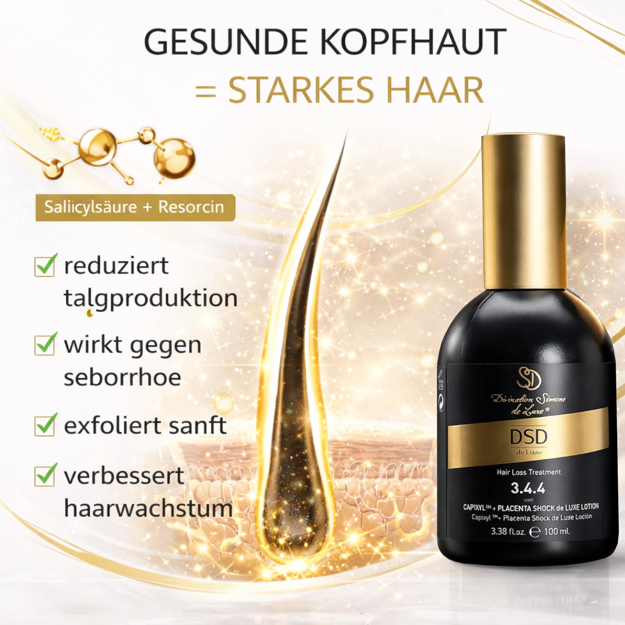 DSD de Luxe 3.4.4 Capixyl + Placenta Shock Lotion 100ml – Haarwachstum Serum gegen Haarausfall mit Acetyl Tetrapeptide-3, Rotklee Extrakt, Biochanin A, Keratin, Niacinamide – Kopfhaut Treatment