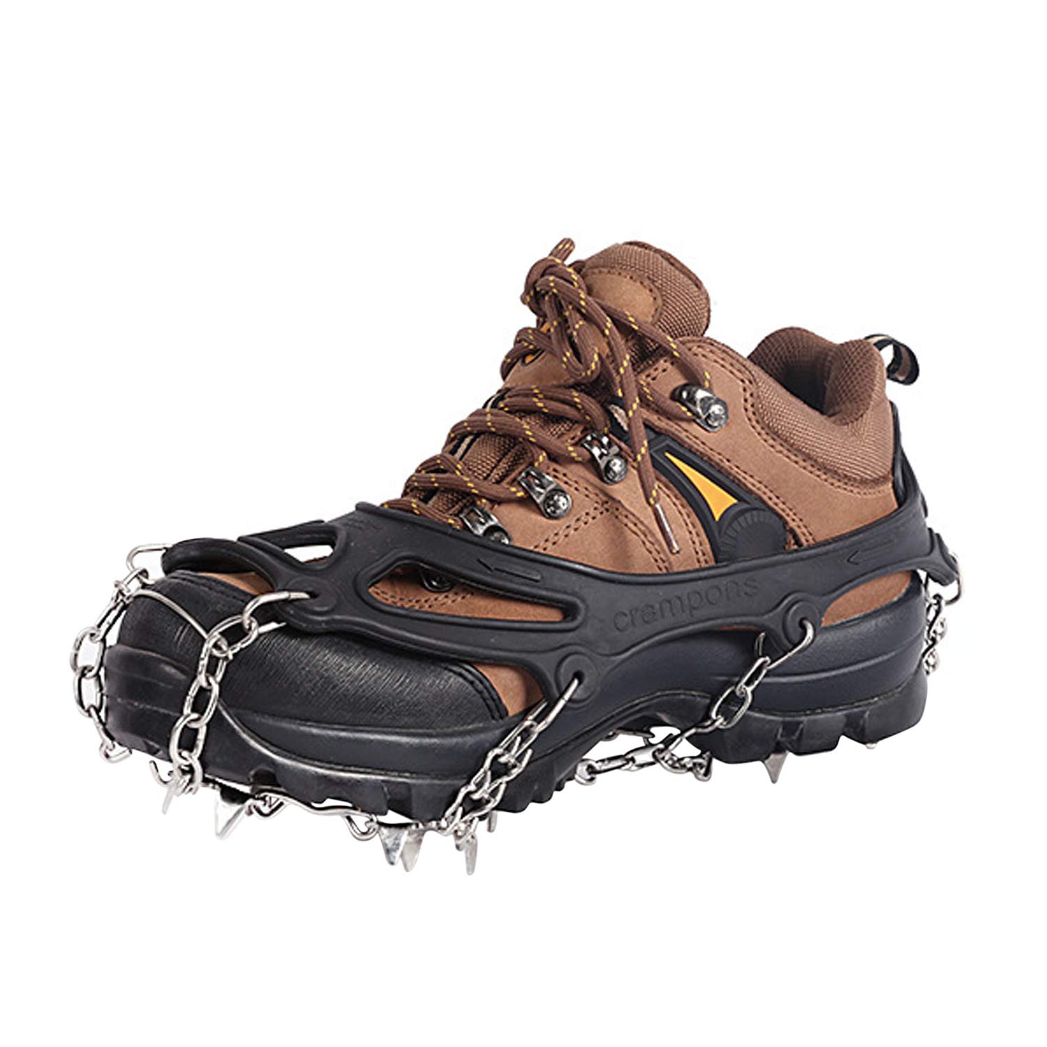 Crampons à 18 dents - Chaîne à neige pour bottes - Crampons pour chaussures de montagne - Noir orange sur glace et neige pour homme et femme (noir, M)