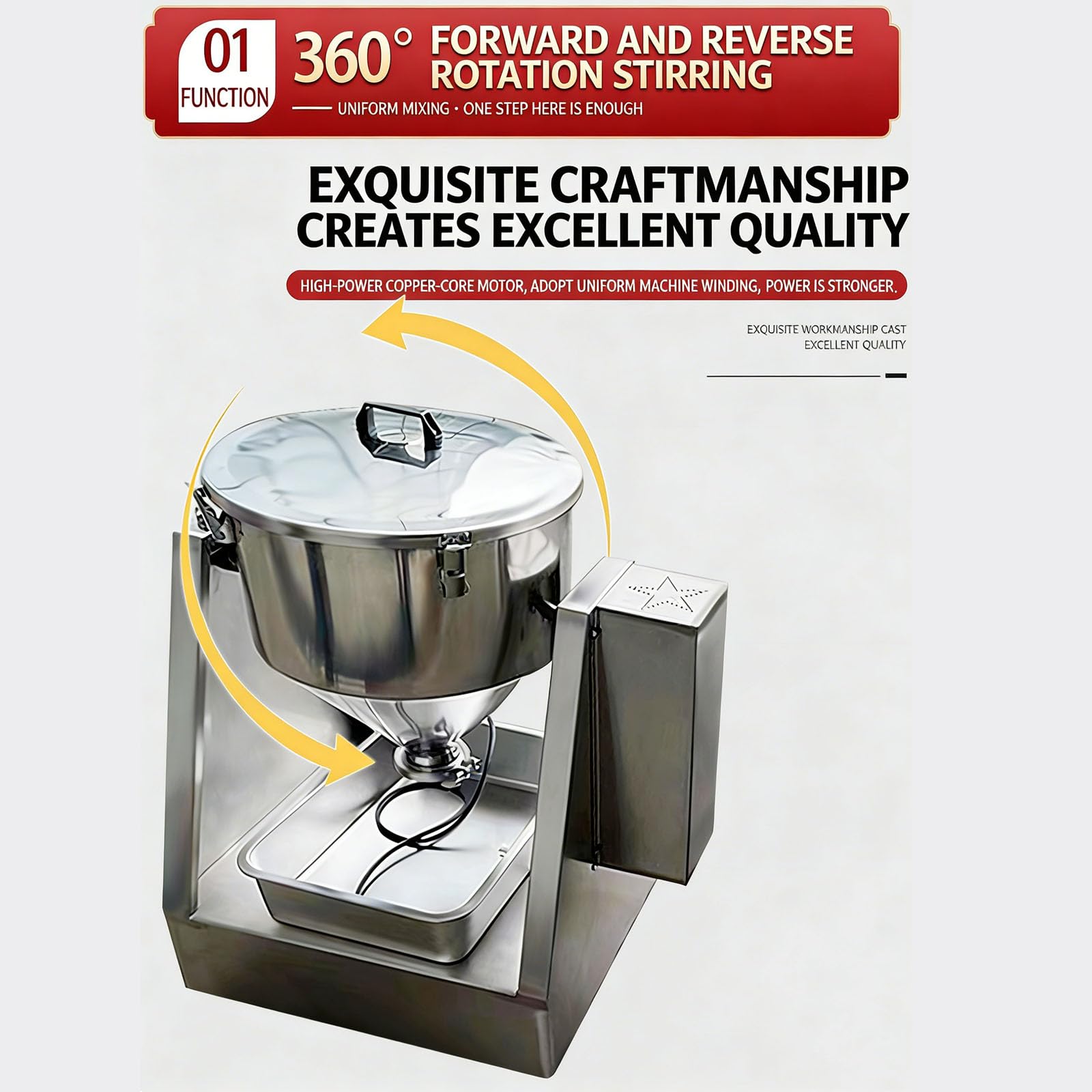 Mezclador de polvo seco, acero inoxidable 304, capacidad de 5-40L, velocidad de 0-33 rpm, rotación de 360° hacia adelante y hacia atrás, ideal para frutos secos y cereales