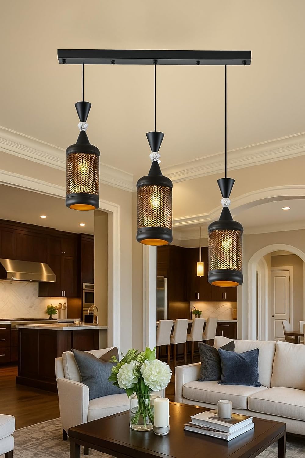 kinis Modern Black 3-Light Linear Hanging Pendant Lamp with Jaali Cylindrical Metal Mesh Shade Cluster Hanging lamp for Living Room, Dining Area, Restaurants, Cafe and Bedroom Décor (with Bulb)-image-11