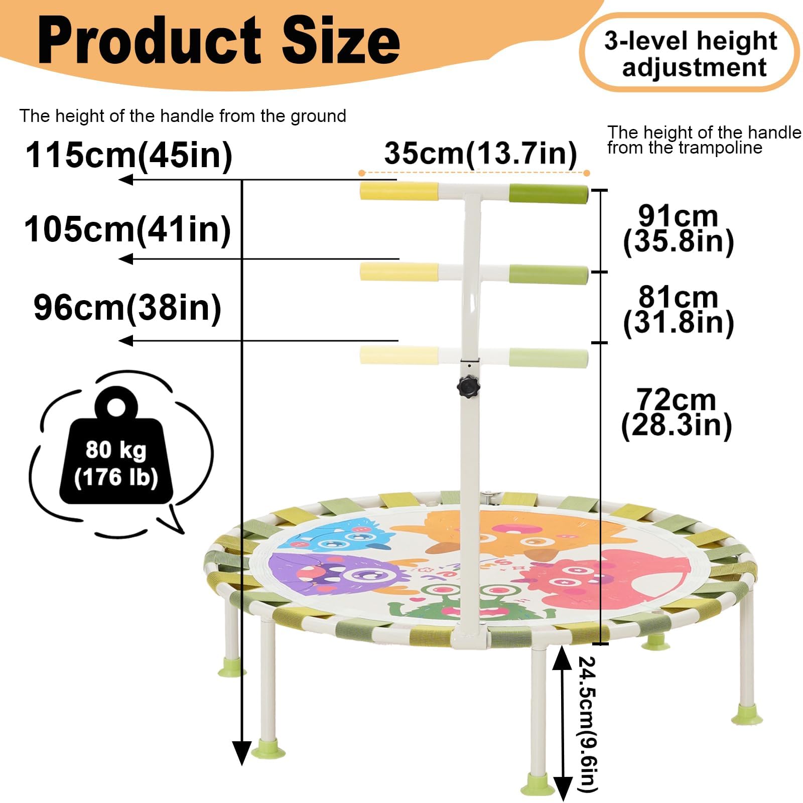 Trampolino per Bambini da Interno e Interni Ø101cm,Trampolino Elastico Fitness Pieghevole con Manico in Schiuma Regolabile in 3 Posizioni e Ventose Antiscivolo,Tappeto Elastico Bambini, Portata 80 kg