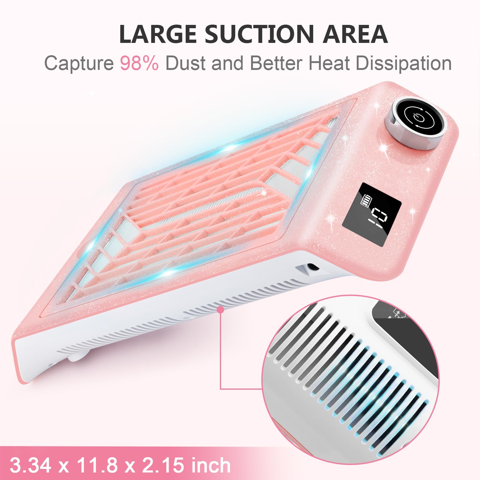 Kredioo Glitter Pink Rechargeable Nail Dust Collector with 10 Speeds