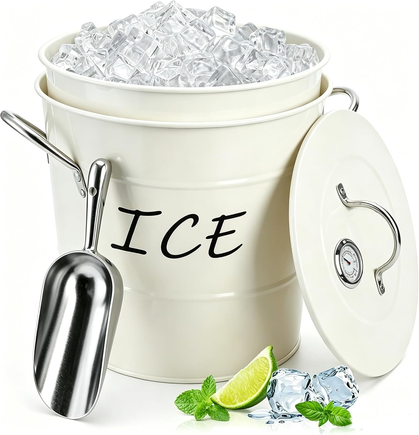4L Ice Bucket, Double Wall Metal Wine Chiller Bucket, including Thermometer, Lid, Scoop and Plastic Liner, Large Beverage Tub Ice Holder for Wine, Champagne, Cocktail Party Bar