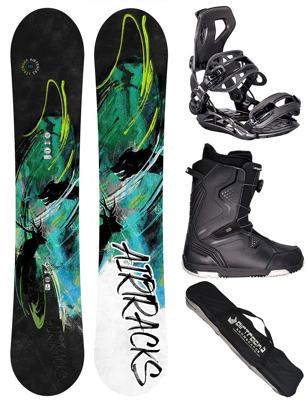 Airtracks Snowboard Set - Stronger Snowboard Wide Flat Zero Rocker + Bindung Master Fastec MULTIENTRY + Boots + SB Bag 156 159 163 165 cm