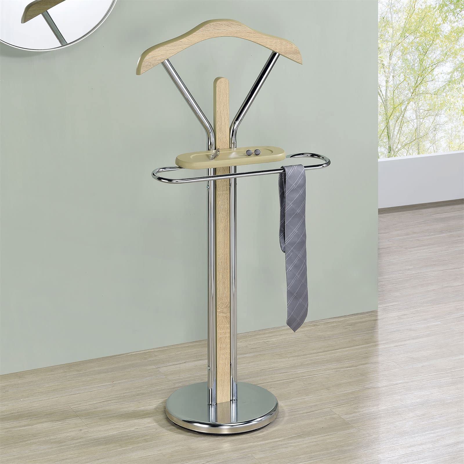 IDIMEX Valet de Chambre Gregor chevalet de Nuit Portant pour vêtements, Structure en métal chromé et Finition en MDF décor chêne Sonoma