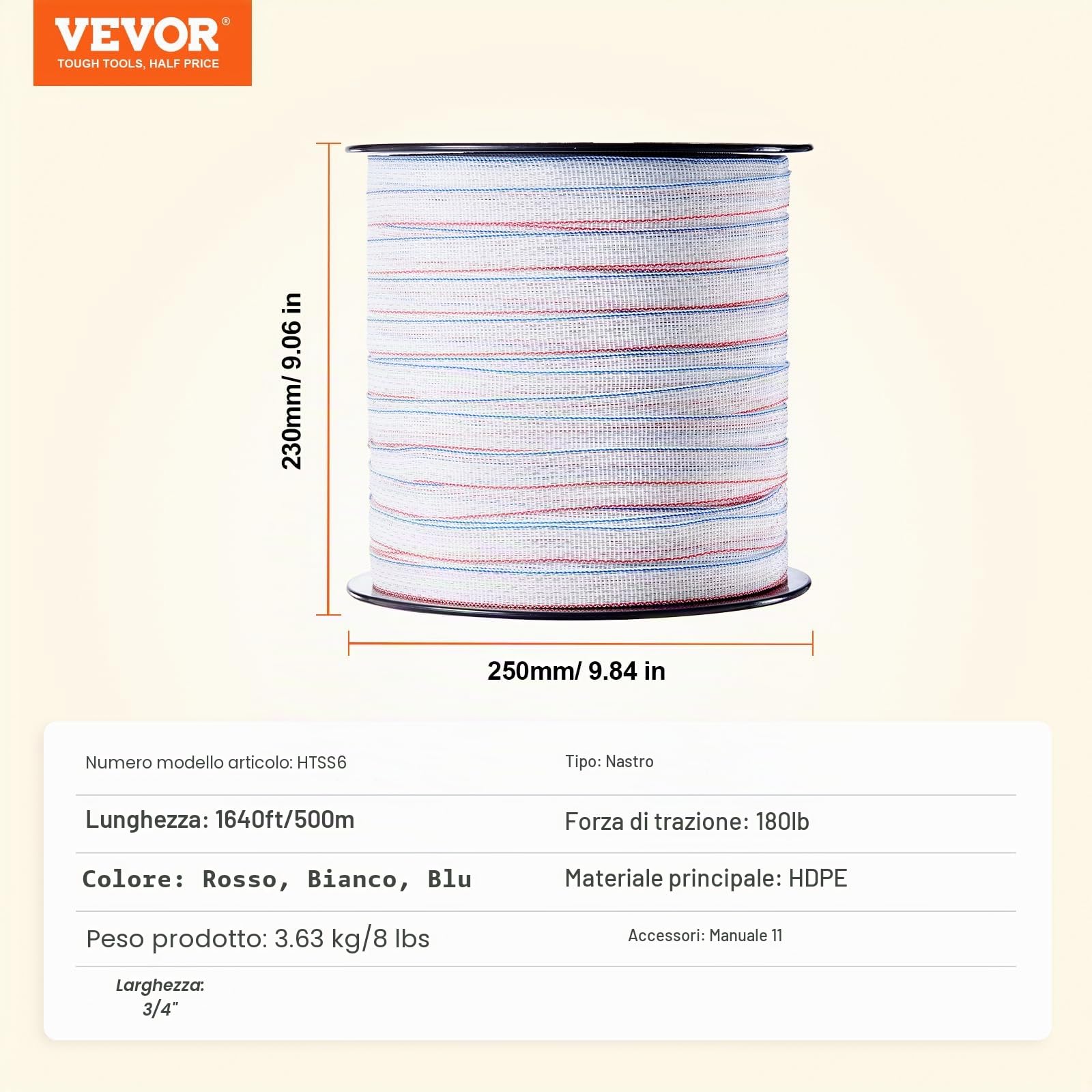 VEVOR Nastro per Recinzione Elettrica, 500 m Filo Polietilene Portatile 19 mm Larghezza 6 Fili in Acciaio Inox con Conduttività e Resistenza alla Ruggine, Linea Corda Recinzione per Cavalli, Bestiame