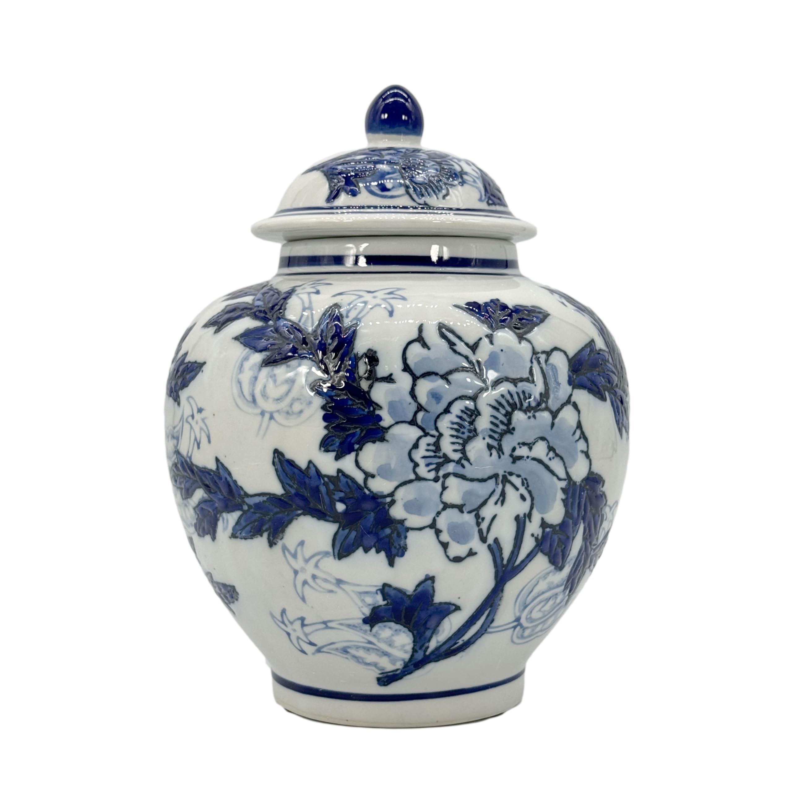 Galt International Blue & White China Floral Chinoiserie Ginger Jar 10" with Lid - Ginger Jar, Tea Storage, Decorative, Home Decor Jar ( Has some broken pieces)