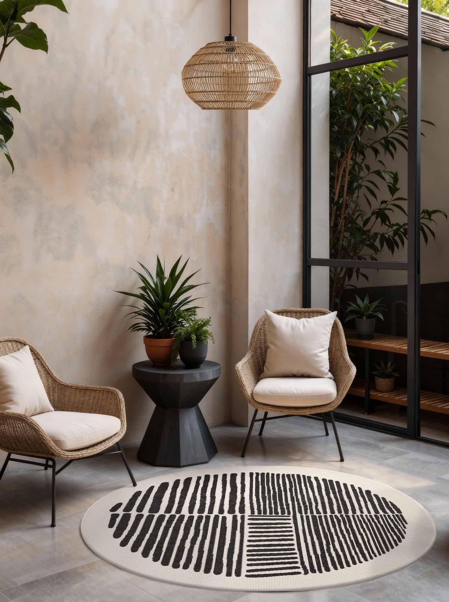 Ted Baker Flachgewebe Teppich Bounds Rund - Wendeteppich Outdoor geeignet, Pflegeleichter Wohnzimmerteppich, Modern, Streifen Muster für Wohnzimmer, Terrasse, Esszimmer, Balkon - Schwarz Weiß, Ø200 cm
