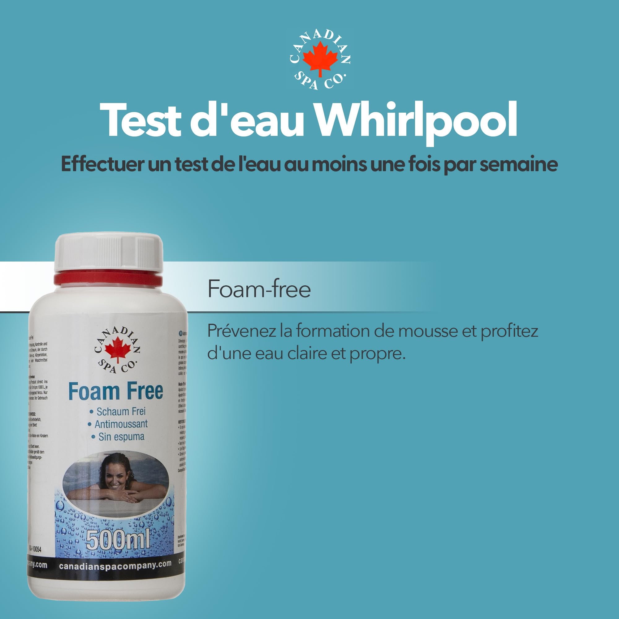 Canadian Spa Co. Anti-Mousse Spa Foam Free, Traitement antimousse prêt à l’Emploi pour Spa et Piscine, Anti écume pour Spa, Dissolution Rapide, Dosage 30 ML/m³, Flacon 500 ML