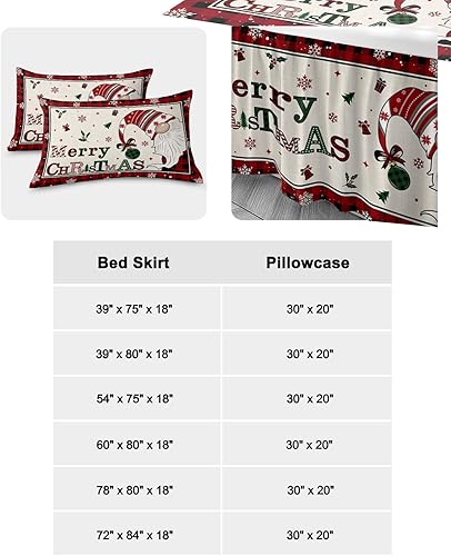 Miniatura 6 de Juego de sábanas de falda de cama de Navidad, 1 sábana y 2 fundas de almohada, falda de cama tamaño King de 18 pulgadas de caída, gnomos a cuadros