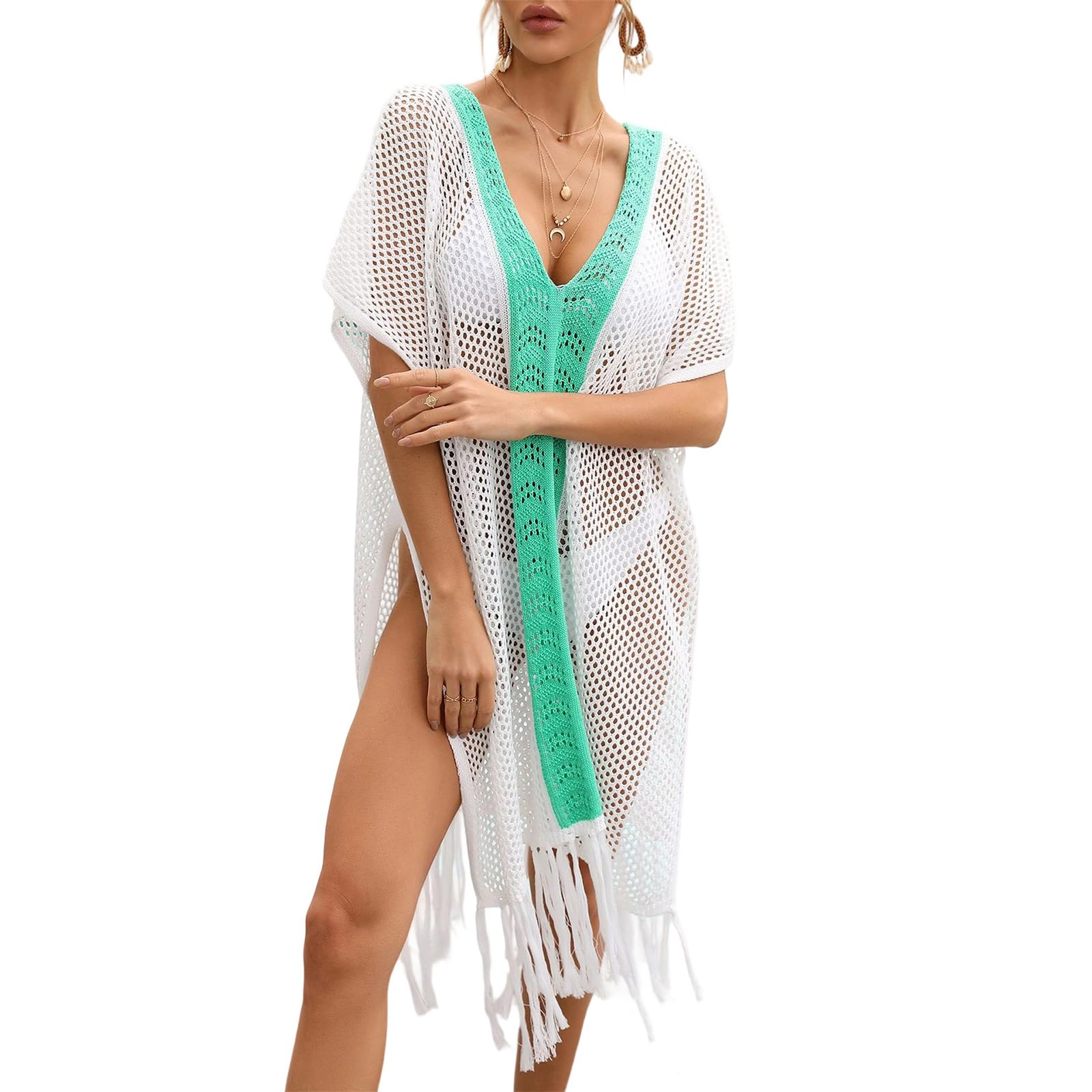 Costume da bagno copricostume per le donne colori contrastanti fessura frangia orlo scollo a V bikini uncinetto abito da spiaggia