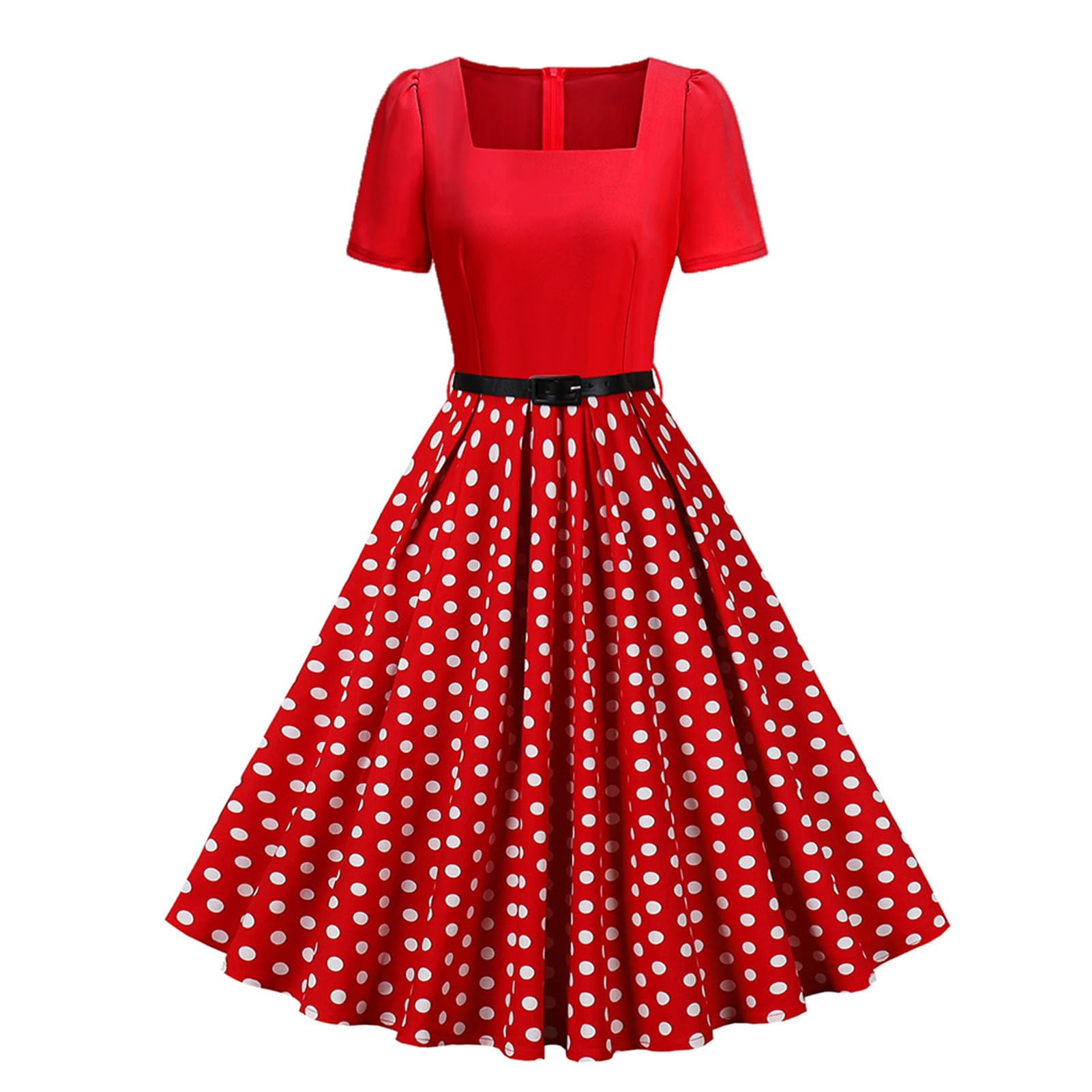 Abito Rockabilly da donna, vintage, a pois, con cintura
