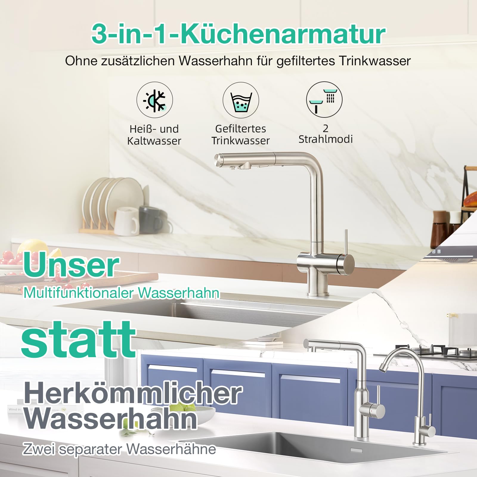 Faustina 3 Wege Küchenarmatur mit Brause ausziehbar, Einhebelmischer Armatur Wasserhahn Spültischarmatur Trinkwasserhahn Küche für Osmoseanlage Umkehrosmose und Wasserfilter gebürstet