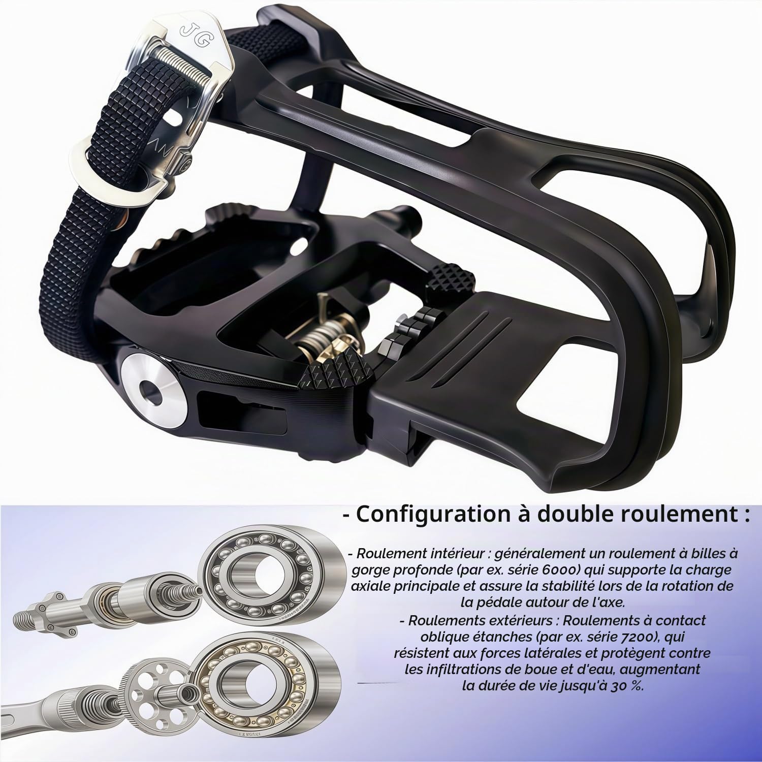 YBEKI Pro-Grade SPD Pédales de spinning avec sangles et clips d'orteils - 2 en 1 : compatible SPD + cages classiques - Convient pour Peloton, Schwinn, Sunny, axe 9/16" avec roulements d'étanchéité