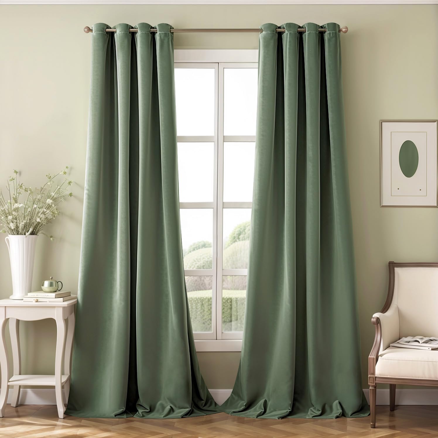 MIULEE Velvet Curtains Sage Green Elegant Grommet Curtains Thermal Insulated Soundproof Room Darkening Curtains/Drapes for Classical Living Room Bedroom Decor 52 x 84 Inch Set of 2 52"W x 84"L (Pack of 2) Sage Green