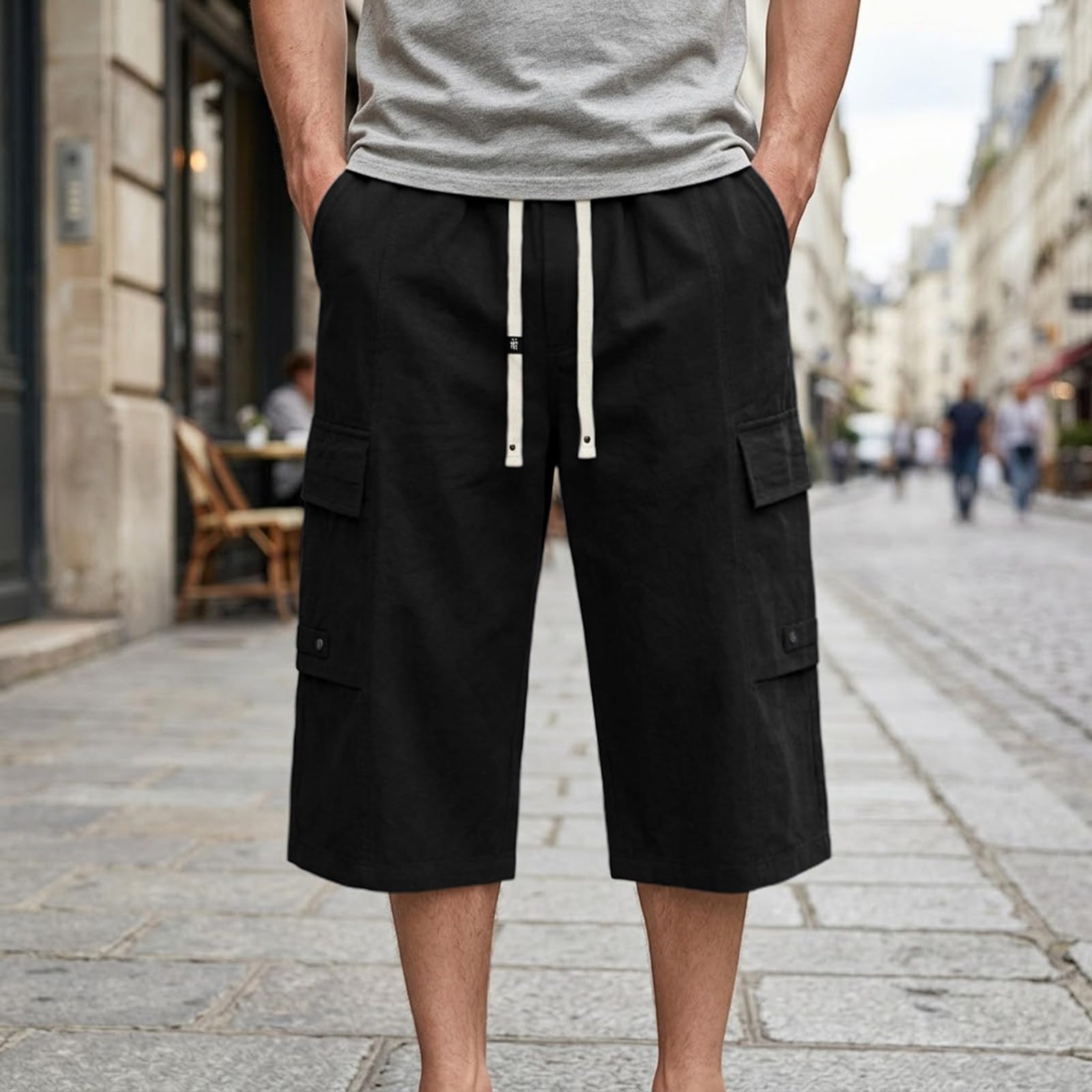 Pantalon 3/4 en lin pour homme - Pantalon court d'été décontracté - Short en lin 7/8 - Pantalon Capri léger - Pantalon d'été - Pantalon de jogging - Pantalon de travail - Bermuda cargo avec