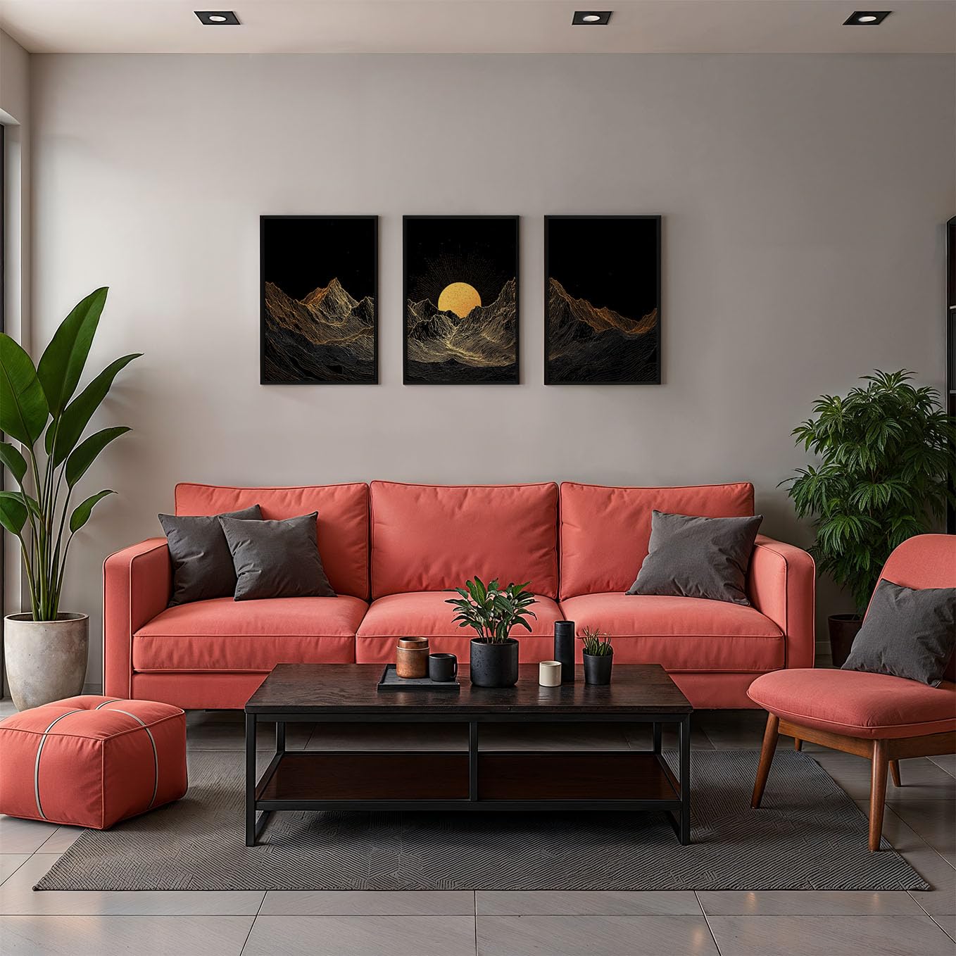 SoulAbiti Golden Peaks set of 3 Framed Wall Print 12x18 inch Black Frame Plexi-Glass Abstract Art ready to hang for living room bedroom office decor 1