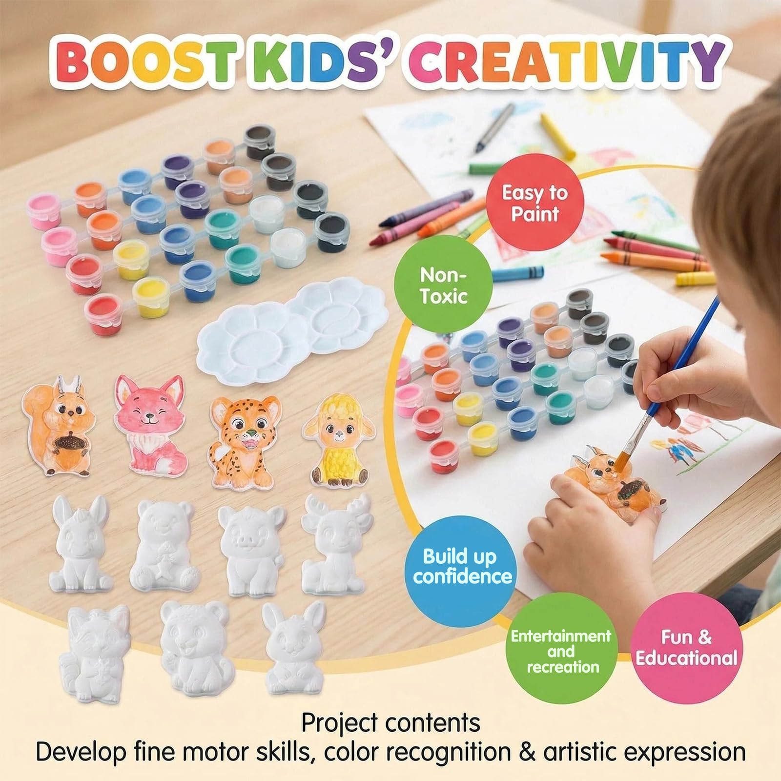 GloomGlo Kit di 24 animali in gesso, 8 set di statuette di animali della foresta dello zoo con colori lavabili, tavolozza di pennelli, articoli artistici fai da te, regali per bambini