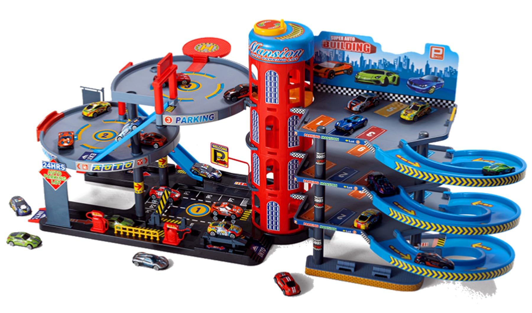 Grande parcheggio con 8 auto giocattolo – Parcheggio per bambini dai 3 anni in su, garage giocattolo con ascensore, rampe e cartelli stradali, set da gioco in plastica, multicolore