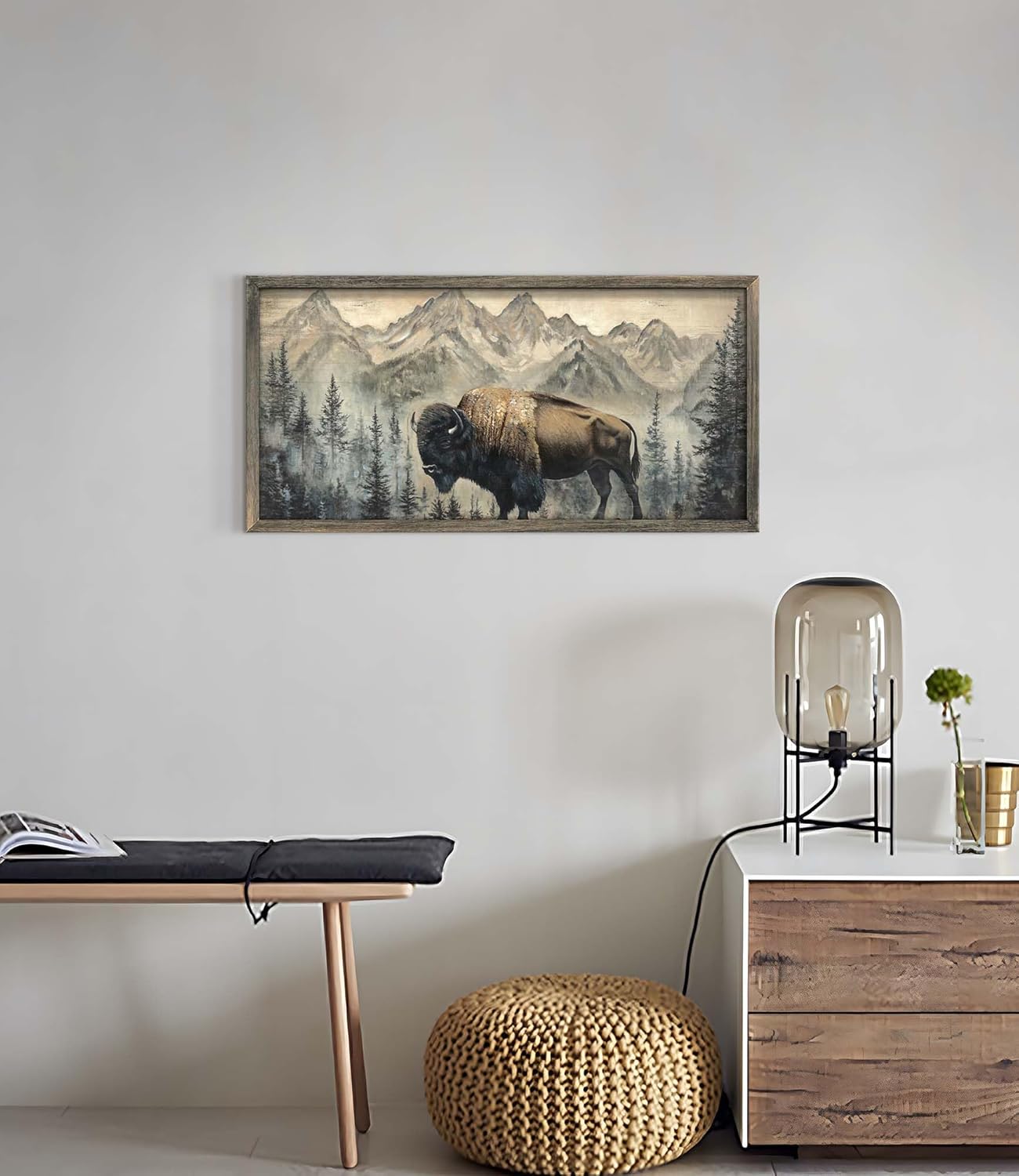 Wildlife Wall Art Framed Decor: Wild Animal Wood Print Decoration Buffalo Bison Picture Rustic Nature Woodland Painting Artwork for Cabin Bathroom Living Room 24 x 12 Inch