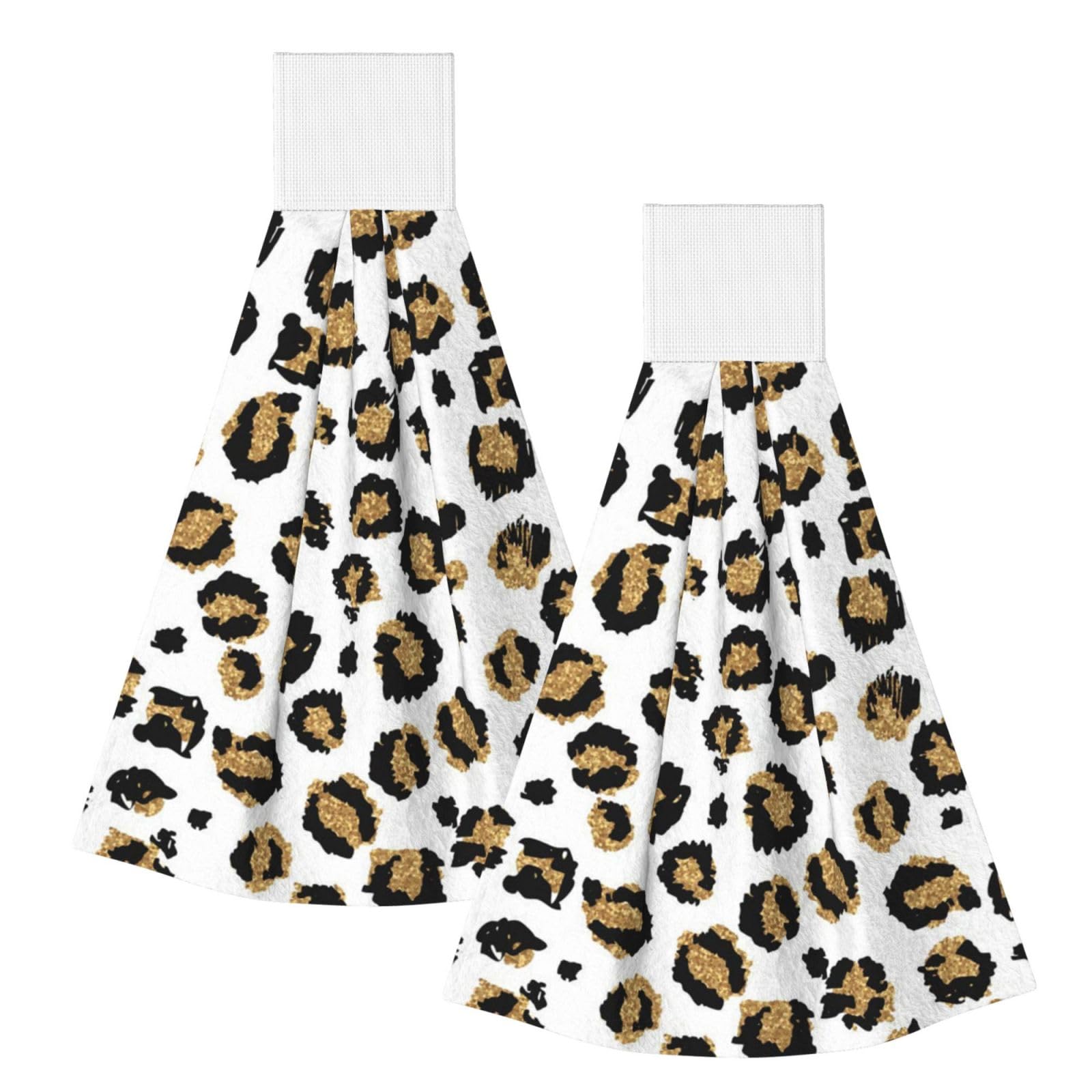 DOPKLNA Gold Glitter Black Leopard Animal Print, 2 Pcs Hanging Coral Fiber Hand Towels for Bathroom, Absorbent Kitchen Towels