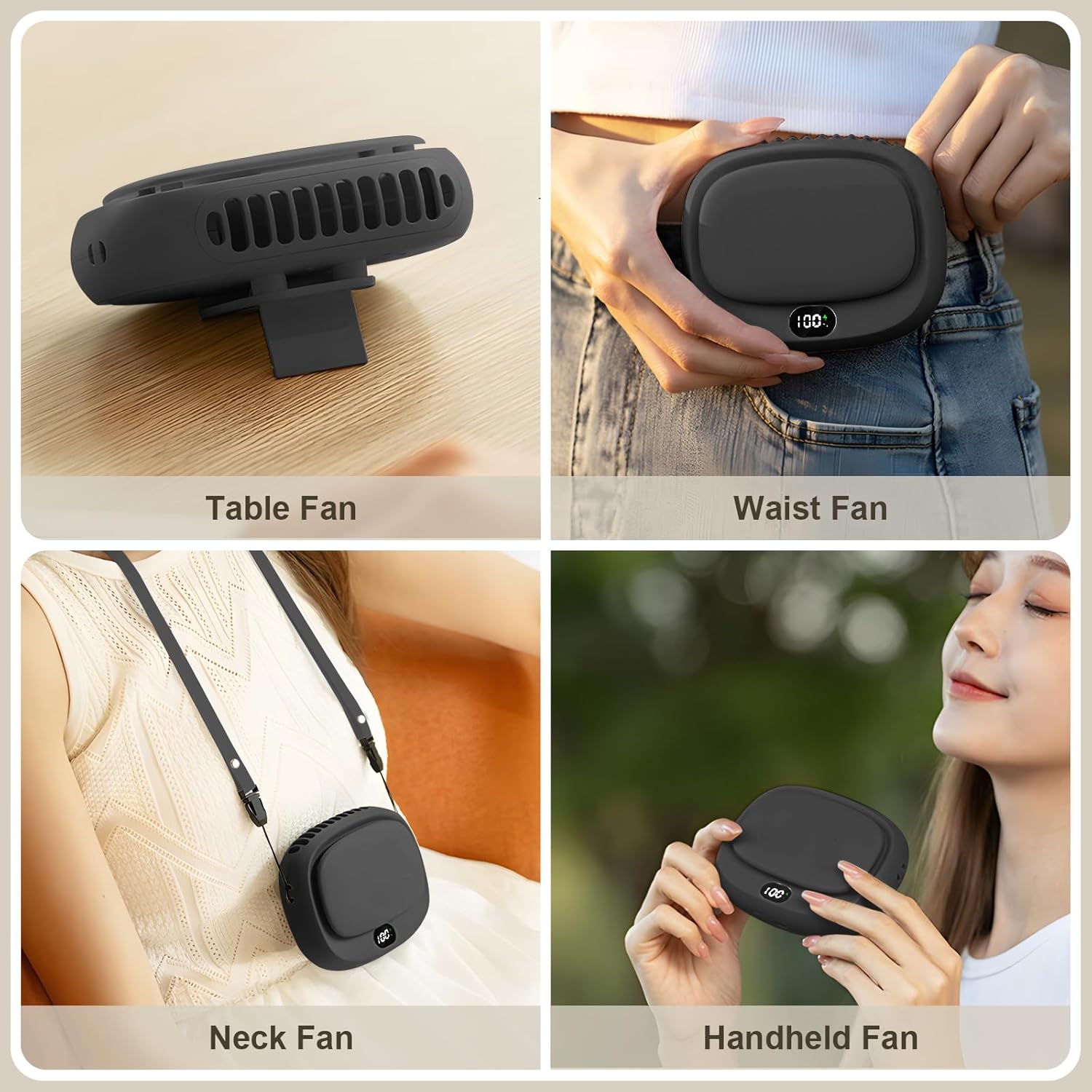 2 Pack Portable Neck Fan 5 Speed Adjustable, Beige + Black