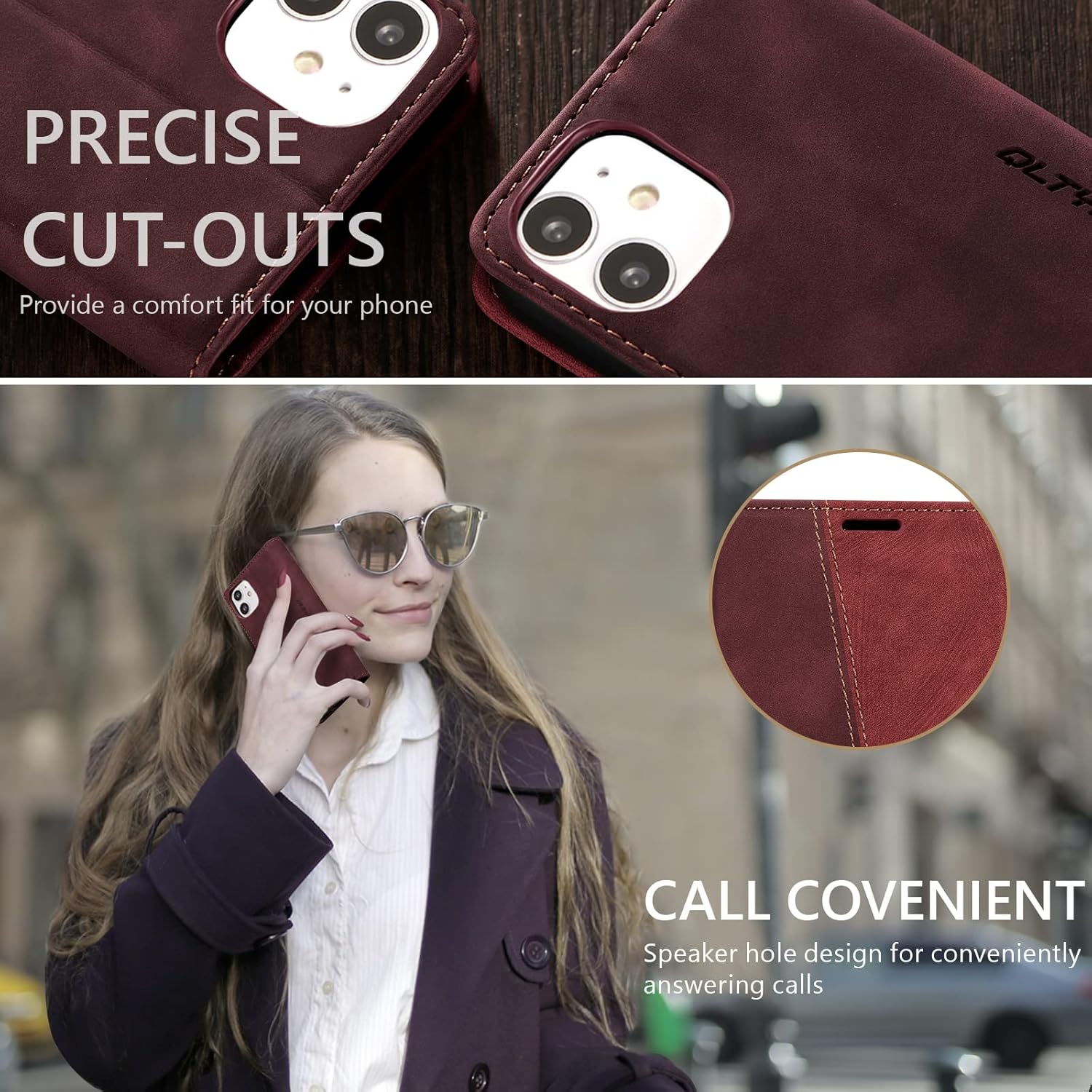 QLTYPRI Wallet Case for iPhone 12/12 Pro, Vintage Folio PU Leather Case with Card Slots Magnetic Closure Kickstand Flip Shockproof Phone Cover for iPhone 12/12 Pro - Wine Red - Image 6