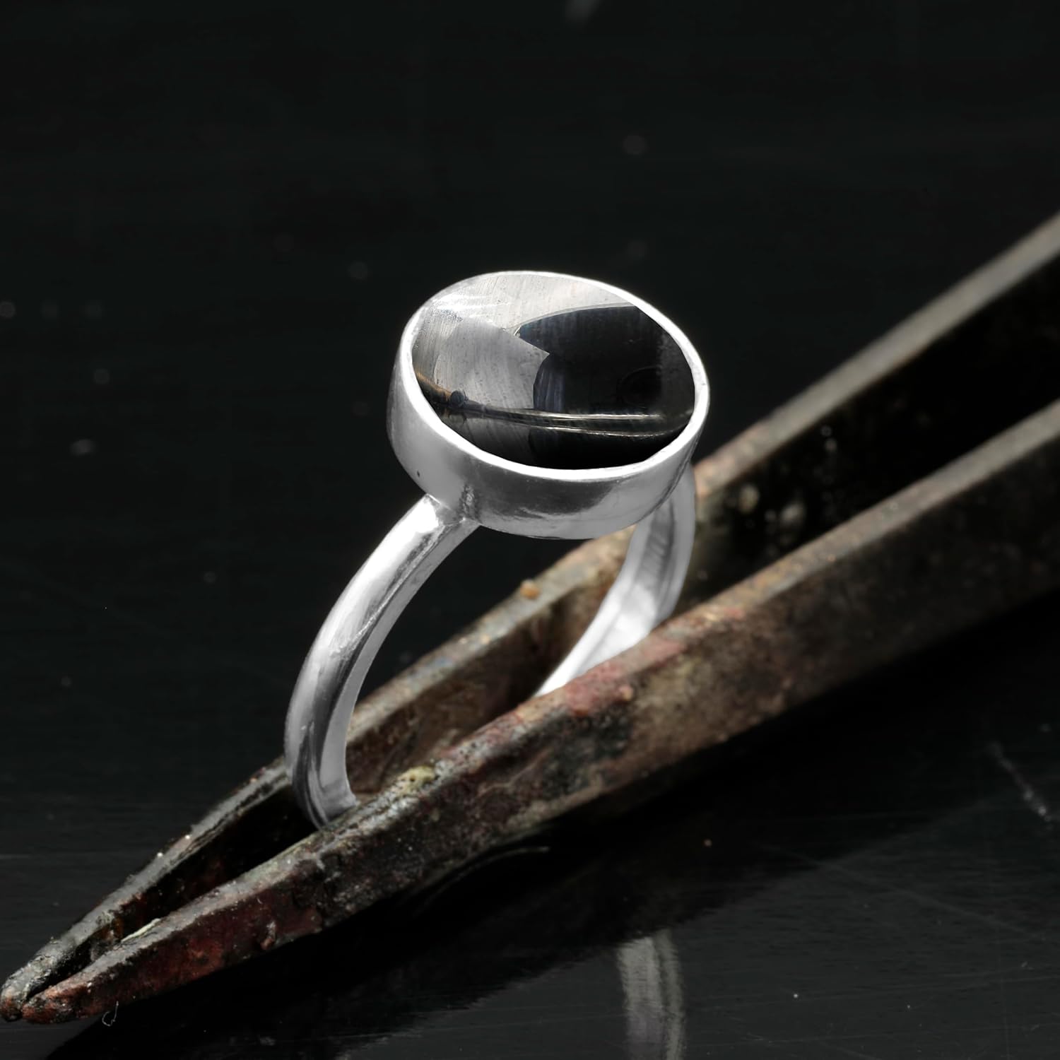 925 Sterling Silver Natural Round Gemstone Ring for Women | Rhodium Plated Bezel Set Crystal Jewelry | Handmade Minimalist Statement Ring | Chakra Inspired Gift for Wife Mother Girlfriend