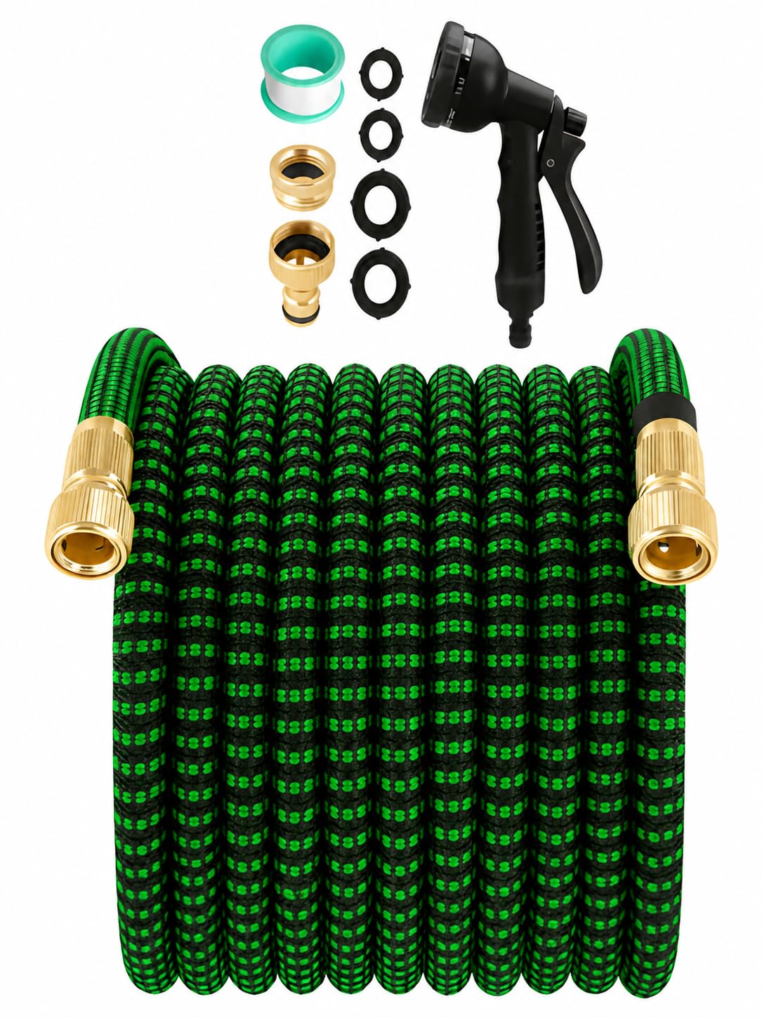 Up to 30M /100ft Expandable Hose Pipe 7 Mode Jet Spray Gun Garden Patio Car Wash (Garden Hose Pipe โ Green & Black)