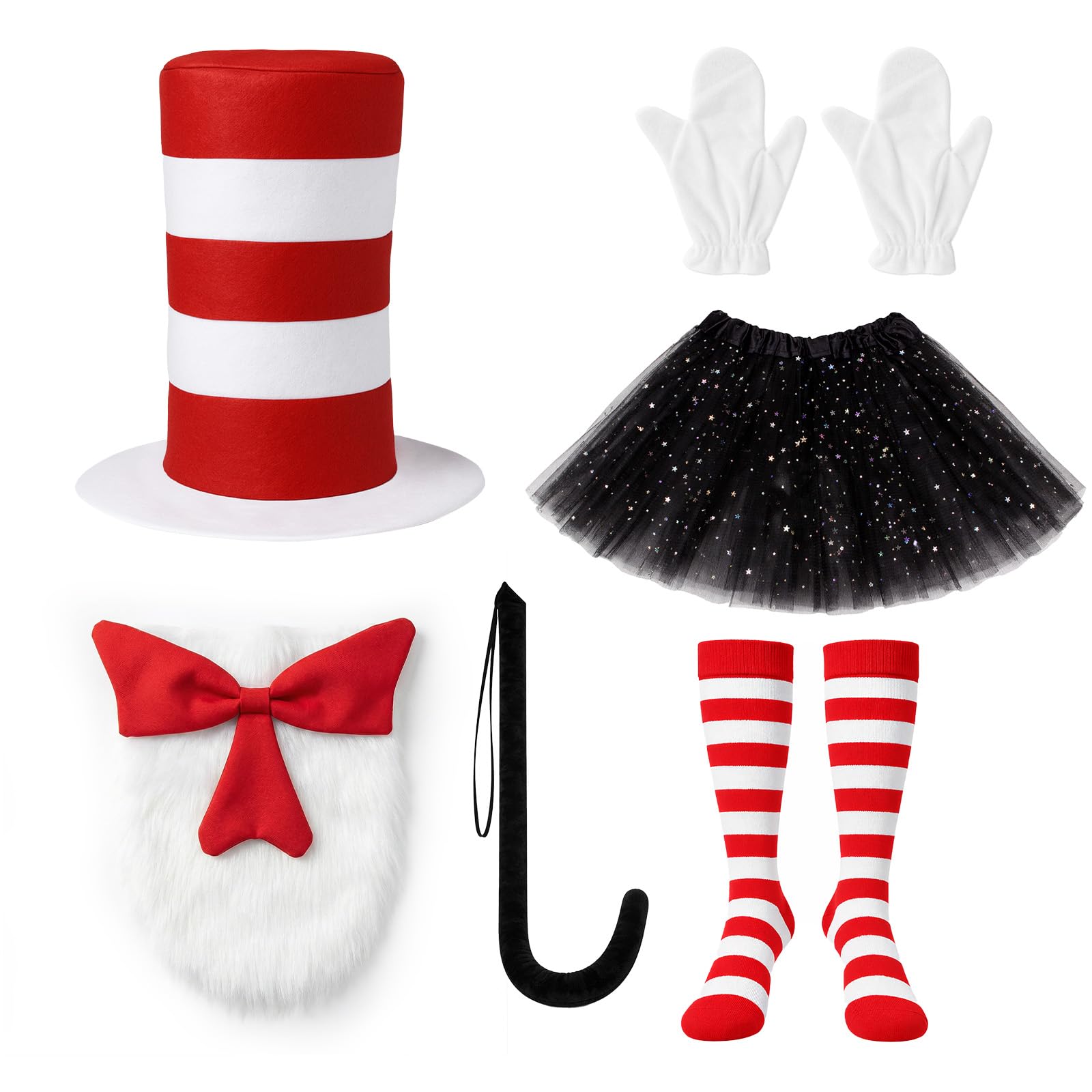 6 Pcs Cat Costume Include Hat Bow Tail Tutu Skirt Tail Gloves Socks for Halloween Dress Up Red