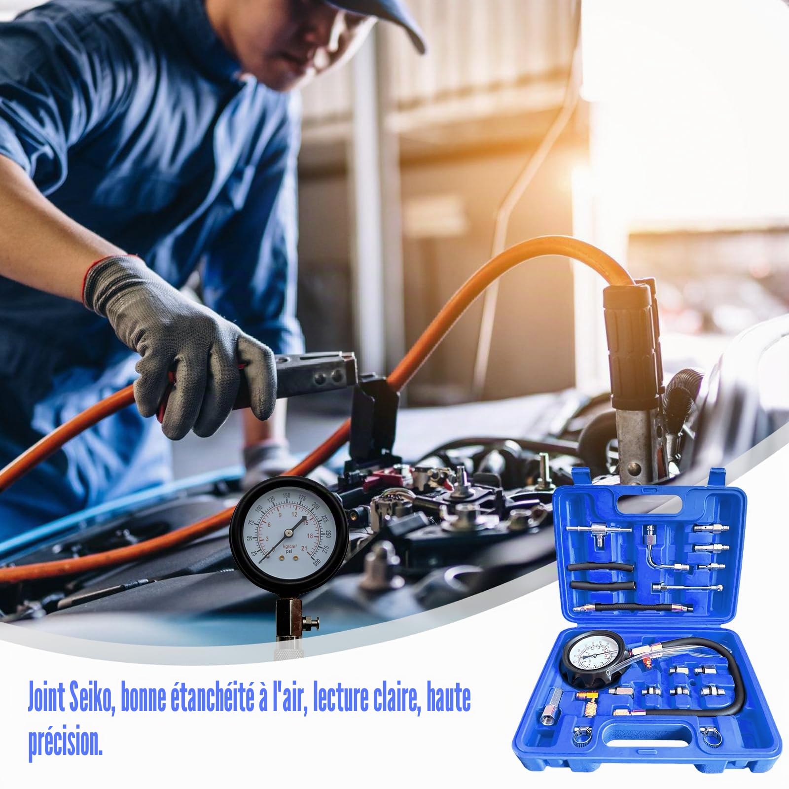 0-140 PSI Manomètre de carburant : Kit de testeur de pression de carburant TU-114, pompe d’injection de pression, testeur de pression pour essence, auto, camion, moto, outil de diagnostic, détection