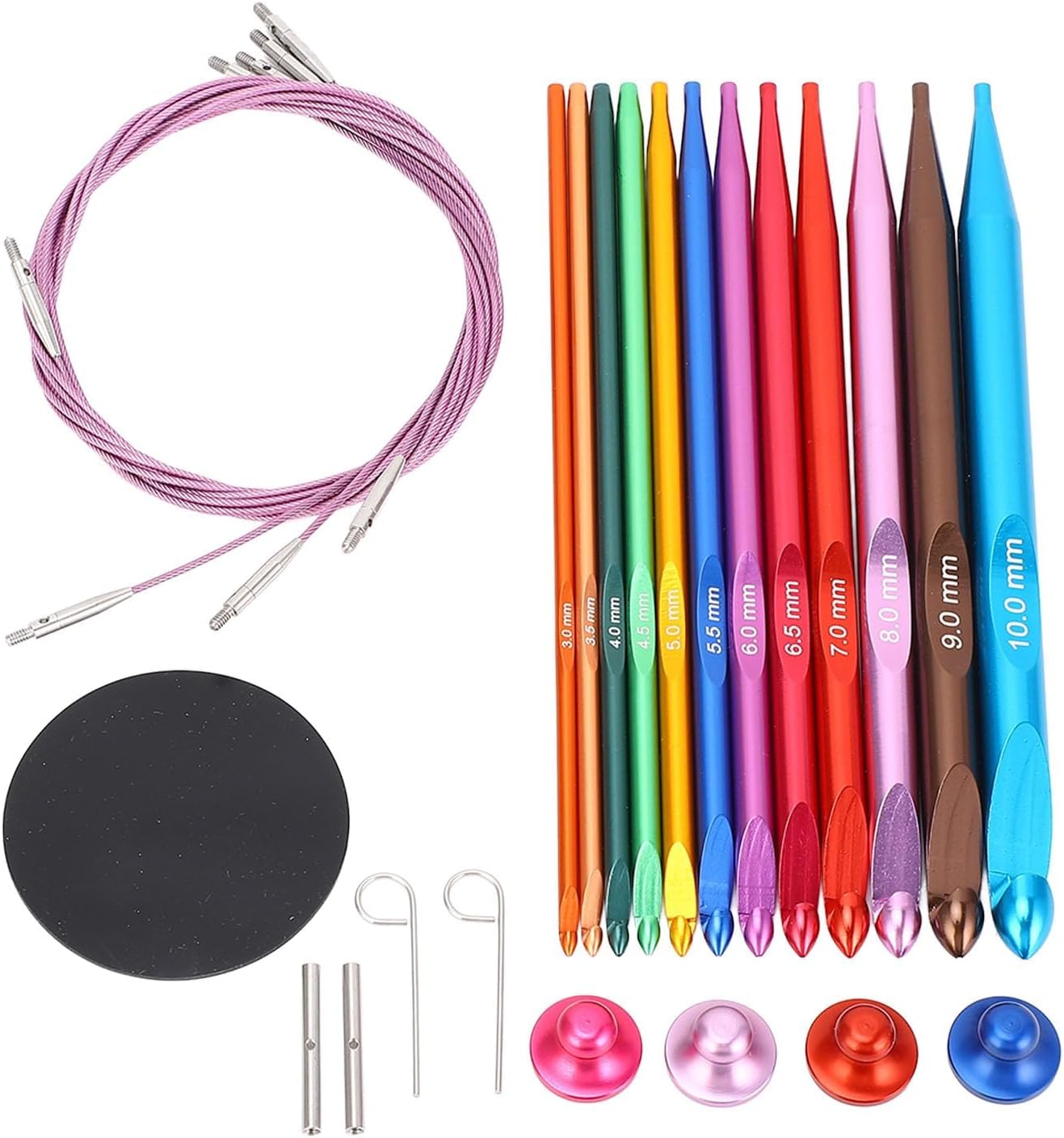 Tunisian Crochet Hook Set with Cable, 12 Pcs Aluminum Interchangeable Tunisian Crochet Knitting Hooks Set with PU Bag 3mm-10mm Colorful