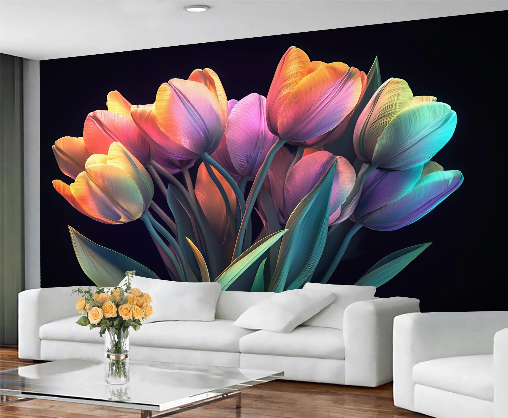 GIVLWF Colorful Wallpaper & Home Decor, Tulip Bouquet Wallpaper for Living Room, Floral Still Life Bedroom Wall Paper, Non-Self-Adhesive Modern Artistic Murals for Walls