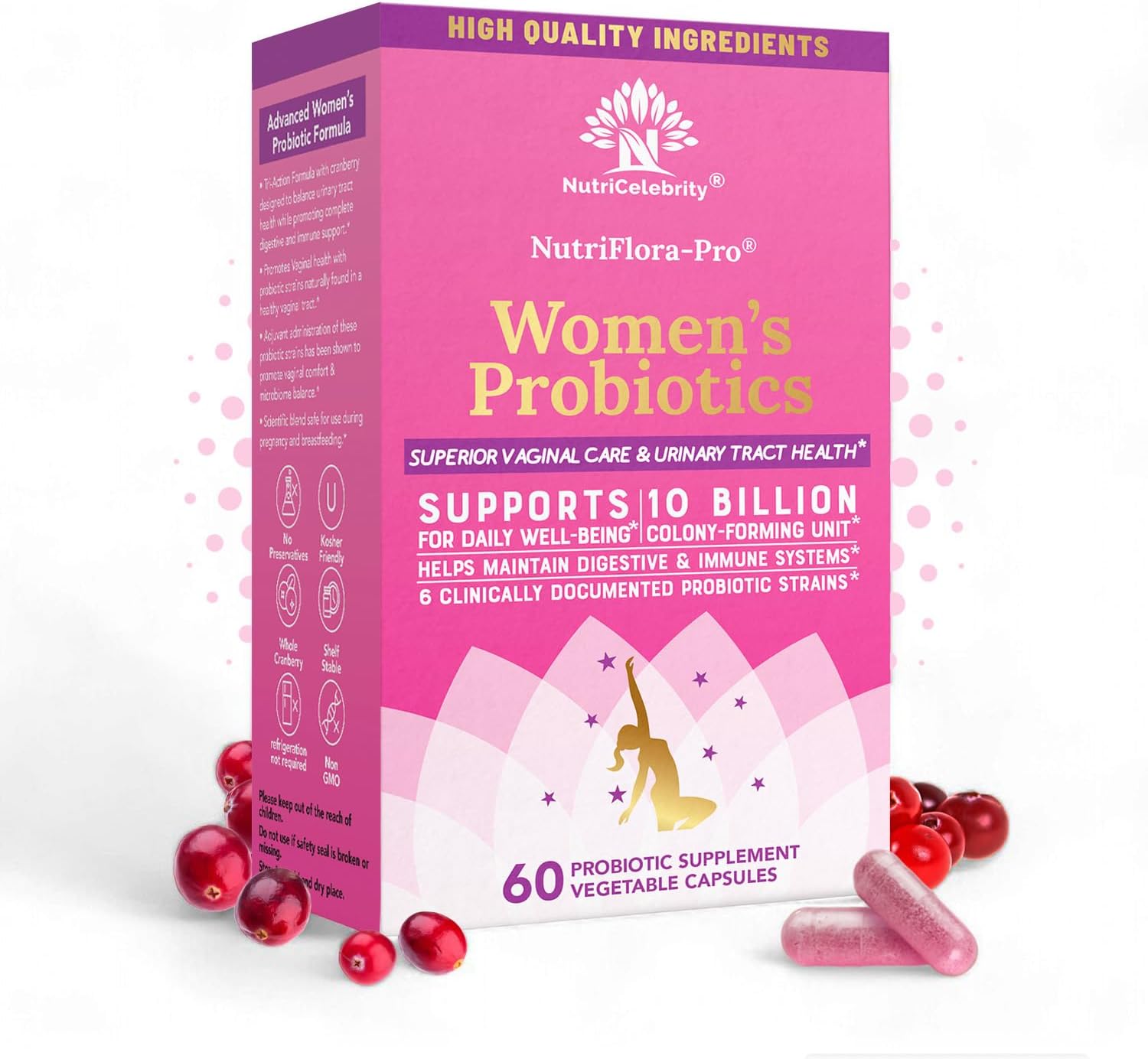 Nutricelebrity NutriFlora-Pro Probiotics for Women - Support Vaginal, Urinary Health (UTI), Digestive System, Period Pain, Yeast, and BV Relief, Cranberry Pills, 10 Billion CFU 6 Strains (60 Caps)