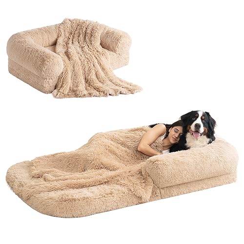 EHEYCIGA Foldable Human Dog Bed for Adult, Orthopedic Memory Foam Dog Bed for Humans, Waterproof Human Dog Bed for People, Faux Fur Human Sized Dog Bed, Camel, 72"x44"x11" - 72x44x11(Folded 44x36) - Camel