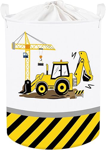 Clastyle Excavadora amarilla de dibujos animados de 45L para niños, cesta de lavandería Bulldozer Crane Vehículos de ingeniería Cesto para niños
