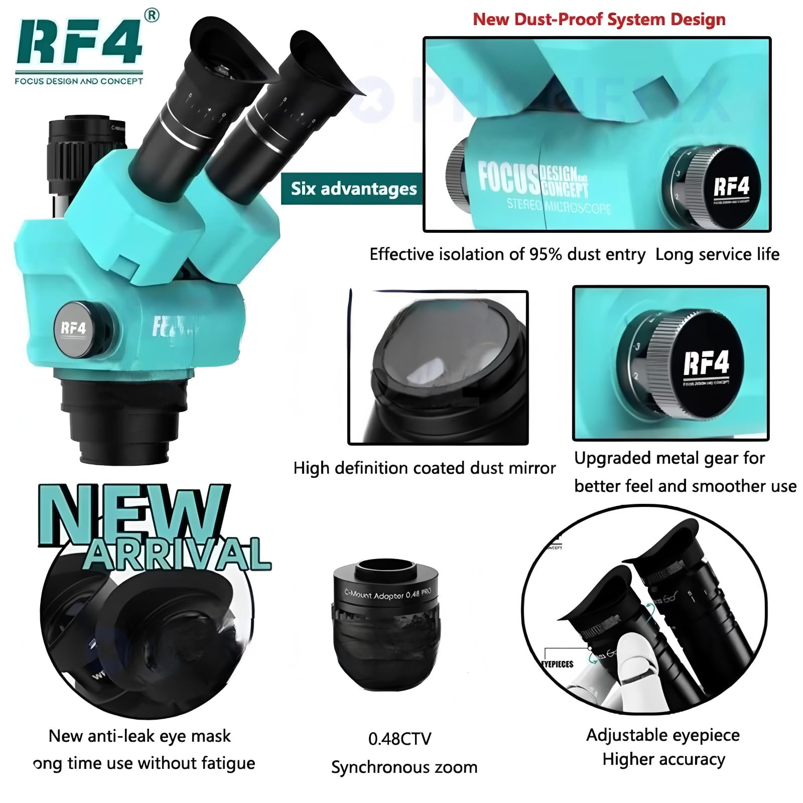 Microscopio estereoscópico trinocular con Brazo articulado de rotación 360°, Base de Campo Amplio, Compatible con cámara HDMI 4K/2K y teléfono para Soldadura y reparación de PCB (RF-6555PROMAX-F019)