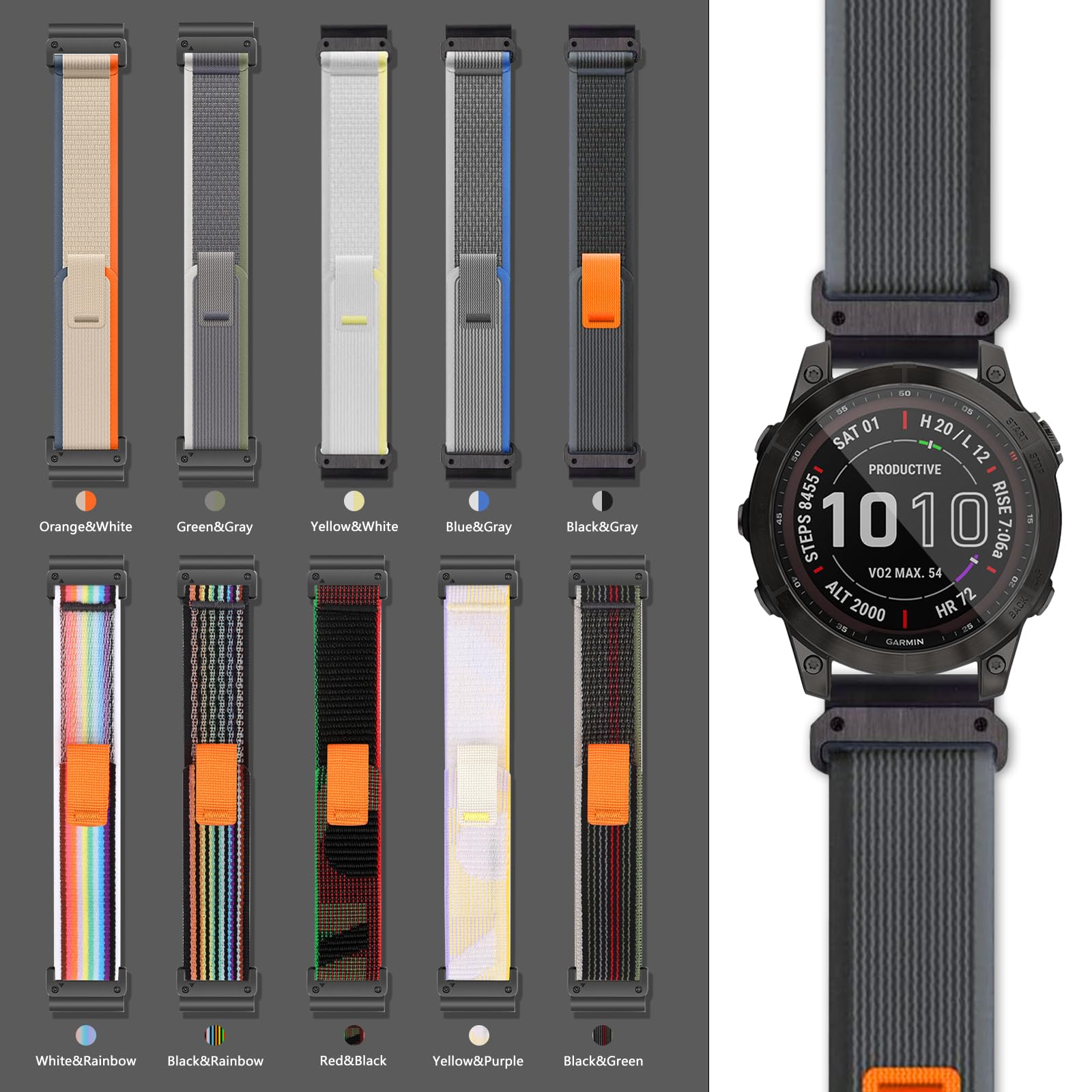 ZoRoll 22mm QuickFit Cinturino per Garmin Fenix E/Fenix 8 47mm/Fenix 7 Pro/Fenix 7/6 Pro/6/5/5 Plus, Elastico Nylon Cinghie di Ricambio per Garmin Tactix 8 47mm/Descent G2/Epix - Nero&Grigio