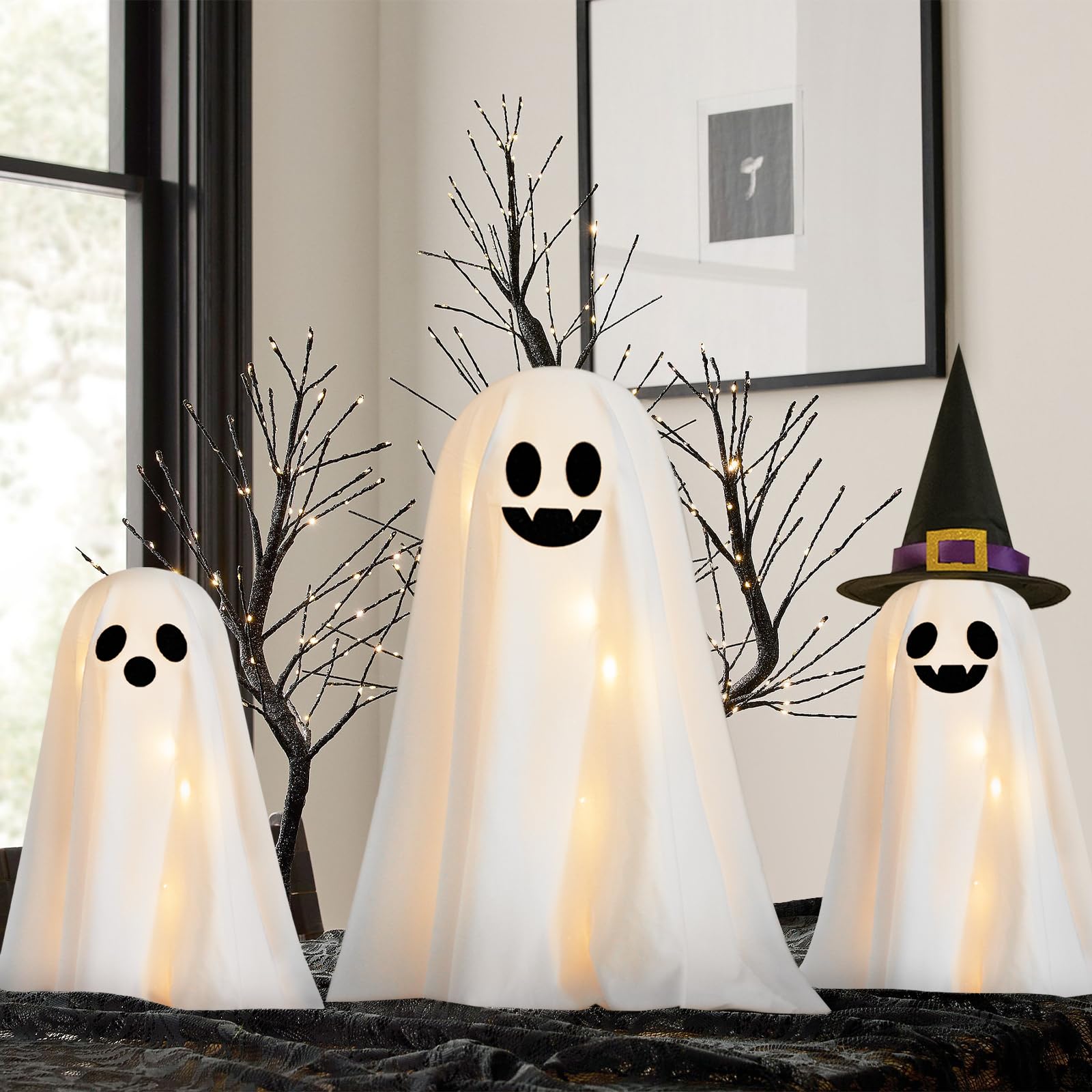 Dekoracje na Halloween do wnętrz – 3 opakowania DIY podświetlane upiorne duchy z lampkami sznurkowymi, kapelusze czarownic, zestawy rzemieślnicze na Halloween, do dekoracji wnętrz, na imprezę, do domu