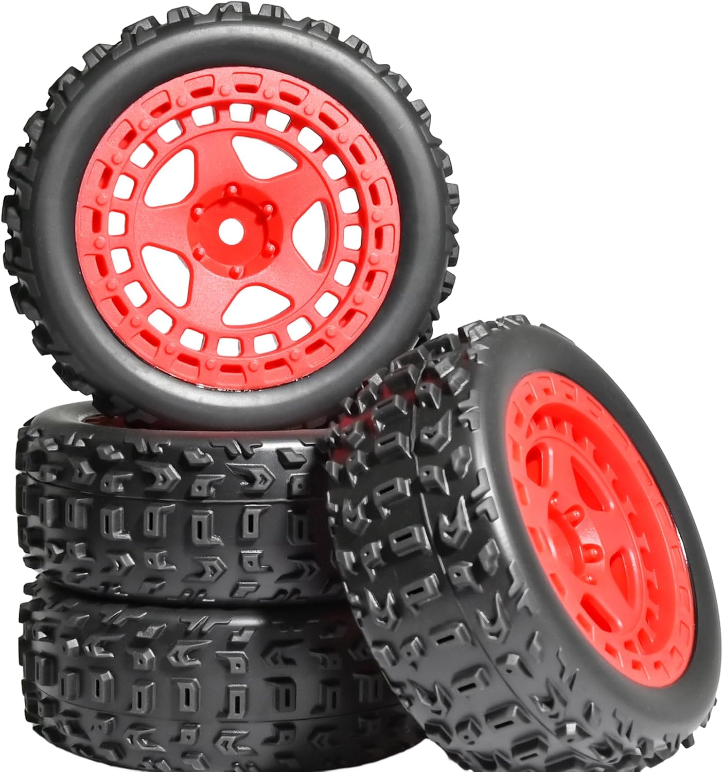 4PCS Pre-Glued RC Crawler Car Rubber Tires and Plastic Wheels Set, RC Tires and Rims with 12mm Hex Fits for ARRMA 1/14 1/16 1/18 Granite/Typhon Grom RC On/Off Road Crawler Truck Buggy (Red)