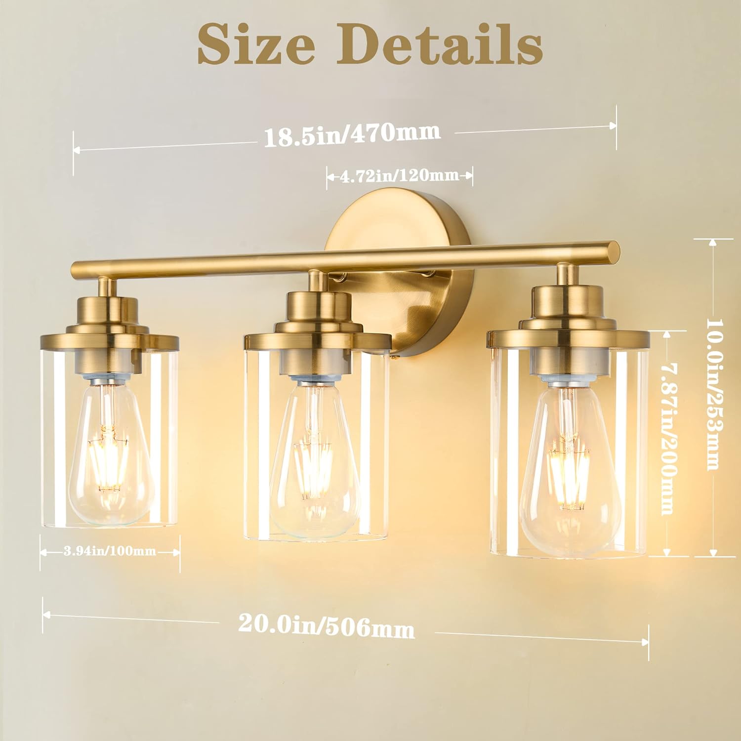 Bathroom Light Fixtures,Vanity Lights Over Mirror,Brushed Gold Vanity Light for Bathroom,20'' Brass Gold 3-Light Modern Bath Light