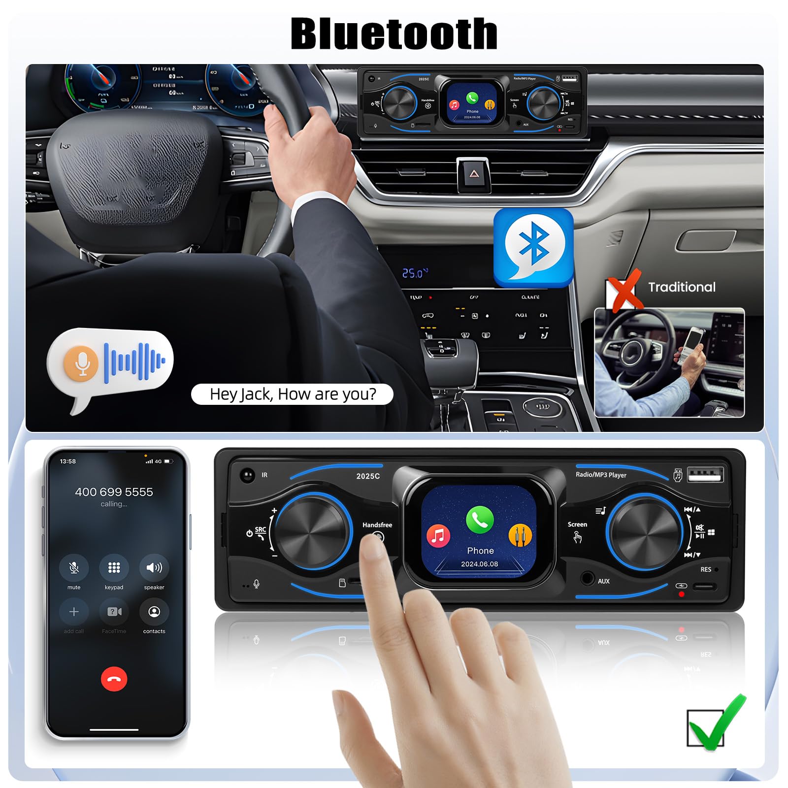 Single Din Car Stereo Marine Radio Bluetooth Multimedia Car Audio Receiver with Digital LCD Display FM Car Radio USB/Type-C/SD/AUX-In MP3 Player Lossless Sound Quality Quick Charge+ SWC